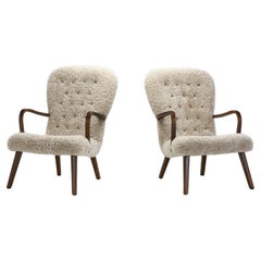 Stained Beech Easy Chairs in Sheepskin by a Danish Cabinetmaker, Denmark 1940s