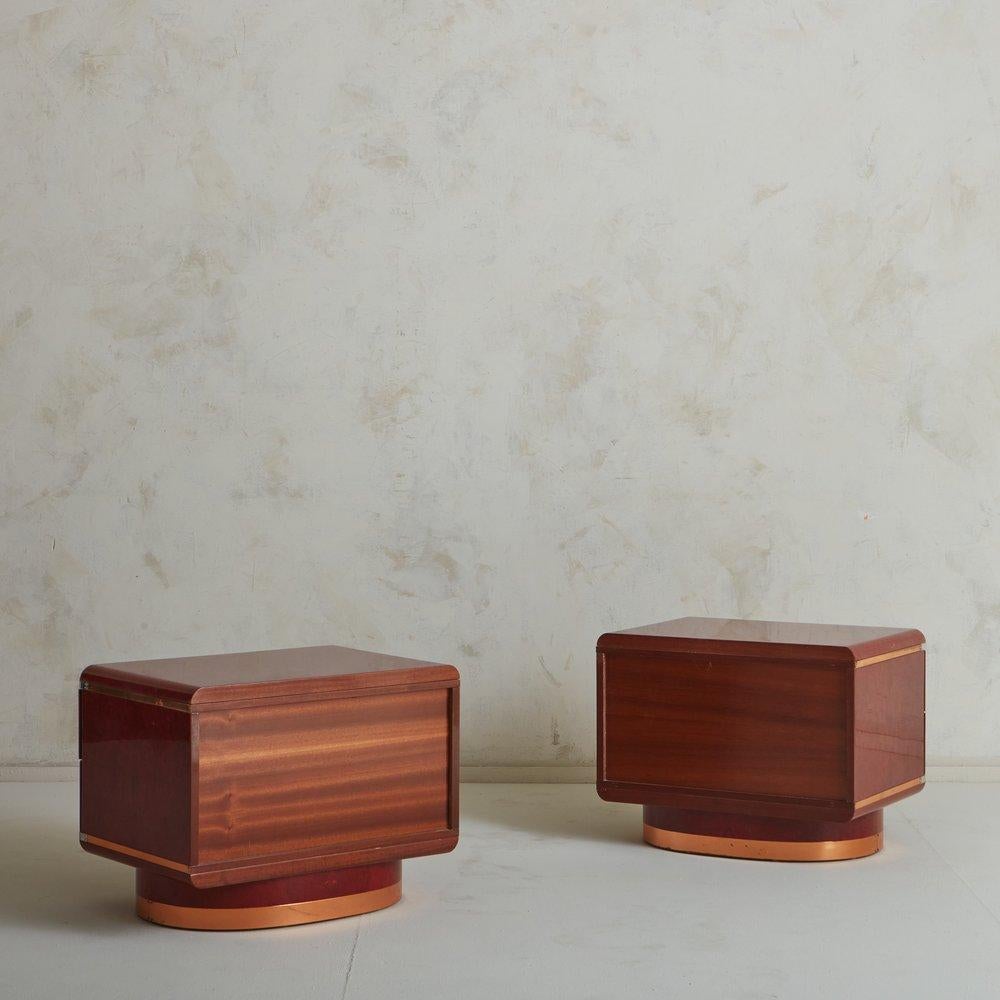 Italian Stained Burl Wood + Copper Nightstands in the Style of Saporiti, Italy 1970s