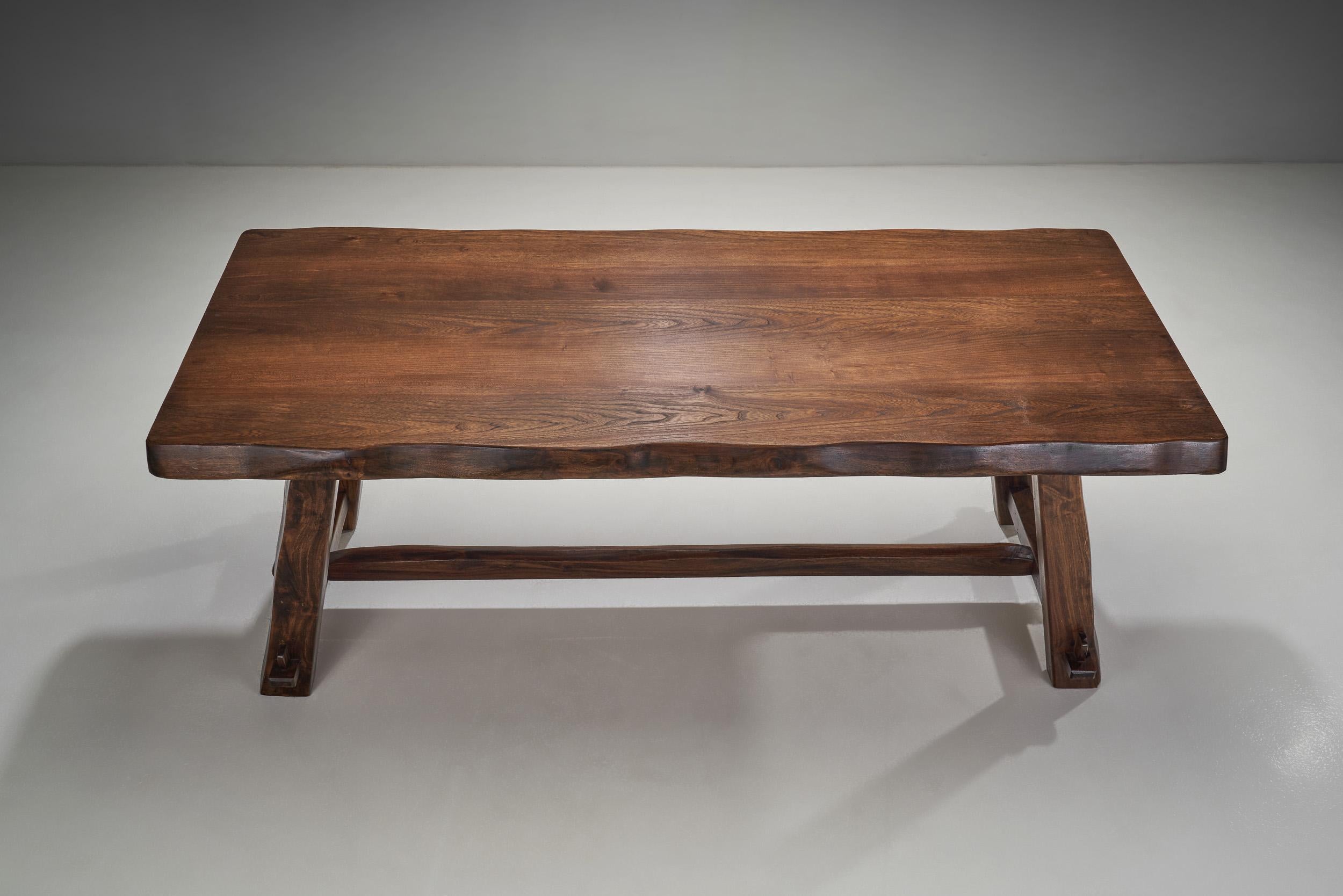 French Stained Elm Dining Table with Mortise and Tenon Joints, France, 1950s