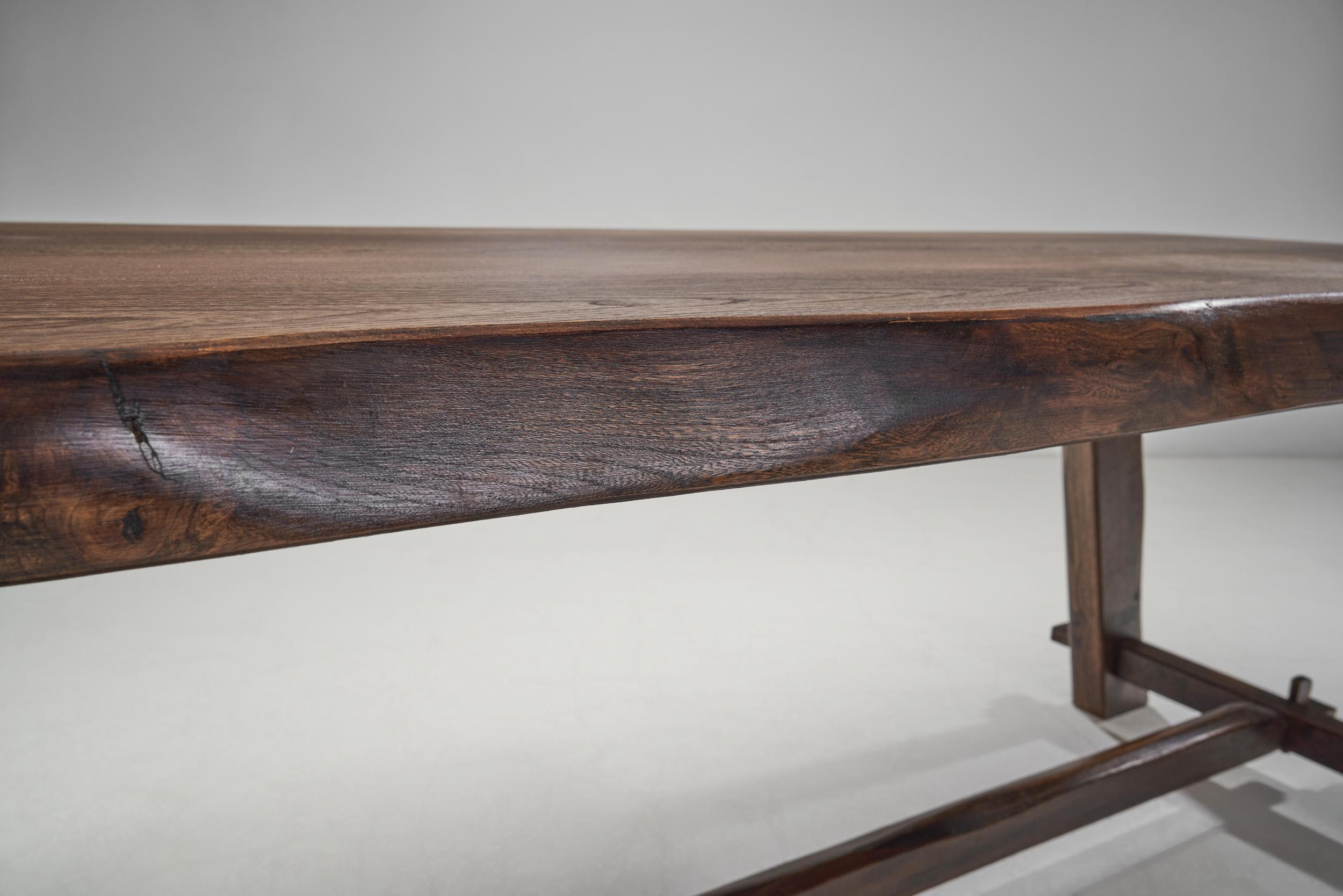 Stained Elm Dining Table with Mortise and Tenon Joints, France, 1950s In Good Condition In Utrecht, NL