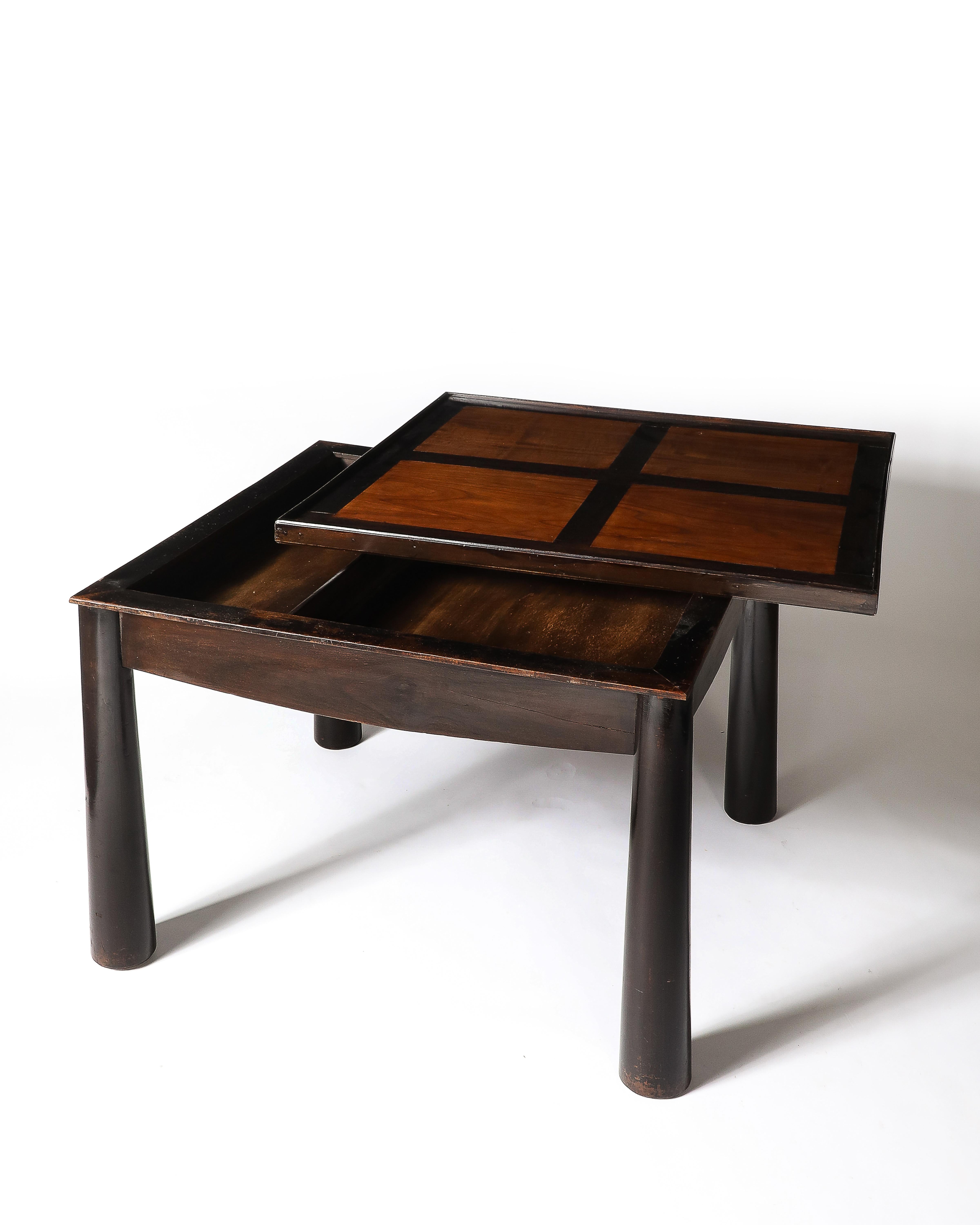 Stained Elm Games Table with Storage and a Curved Skirt, France, c. 1940 For Sale 8