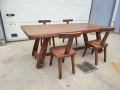 Stained Elm Wood Brutalist Dining Table, Chairs & Bench, France, 1960s, Set of 6