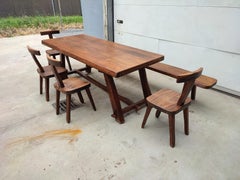 Stained Elm Wood Brutalist Dining Table, Chairs & Bench, France, 1960s, Set of 6