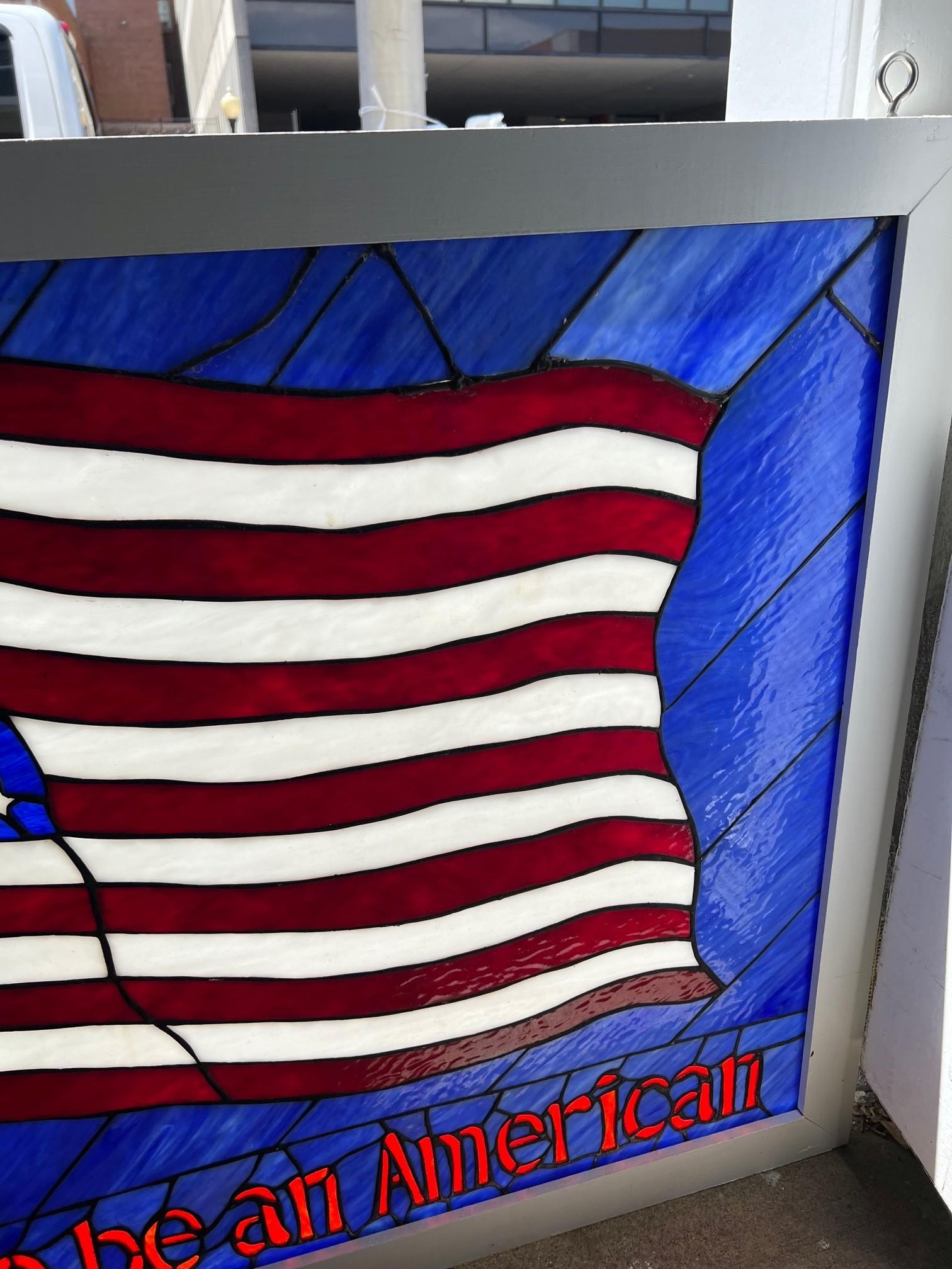 Contemporary Stained Glass American Flag Proud To Be An American in a Wood Frame  For Sale