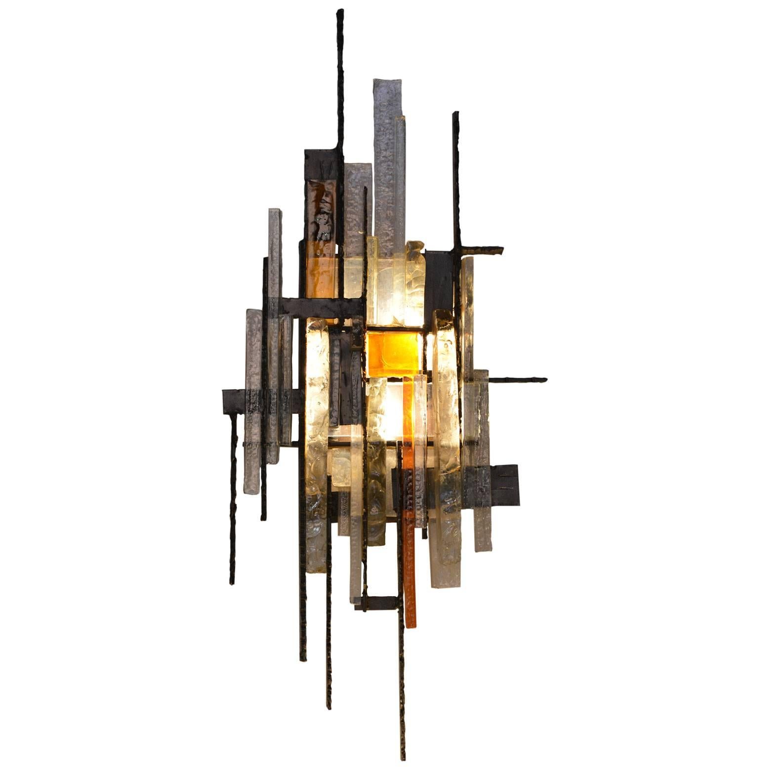 Stained Glass and Iron Wall Light by Poliarte, Italy, 1970s