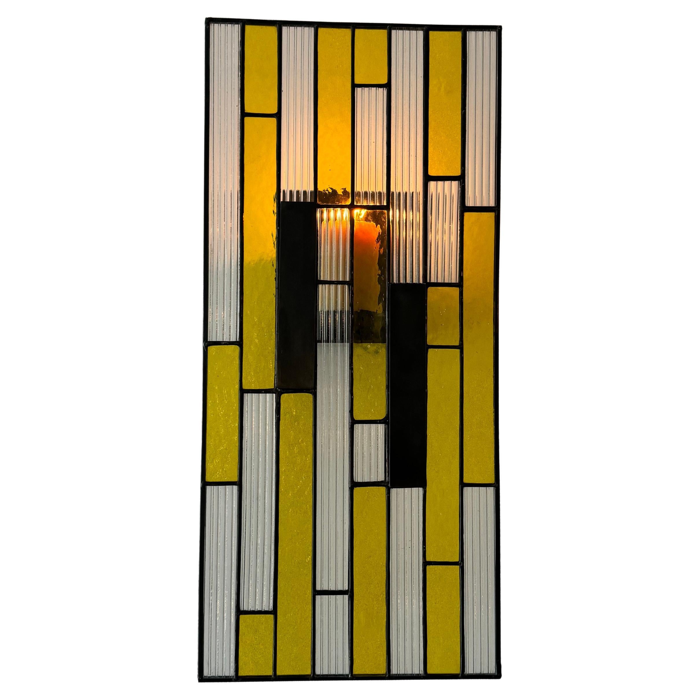 Stained Glass Candle Sconce: Wavy, Fluted Glass and Steel in a Dark Bronze For Sale