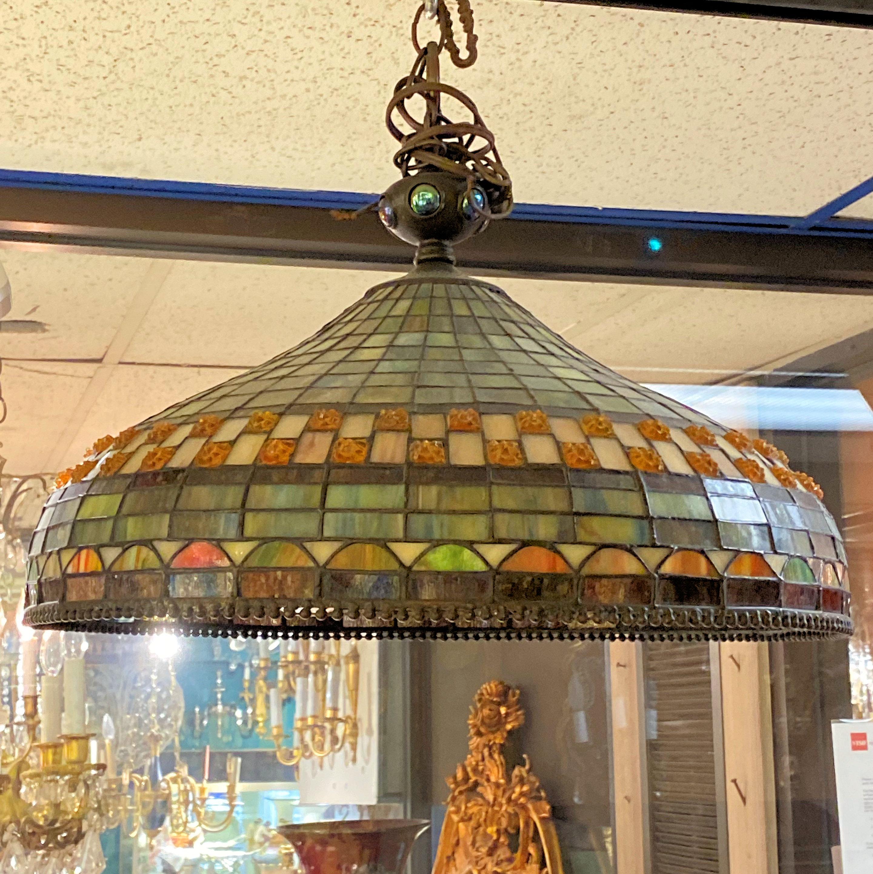 American Stained Glass Ceiling Lamp in the Arts and Crafts Style