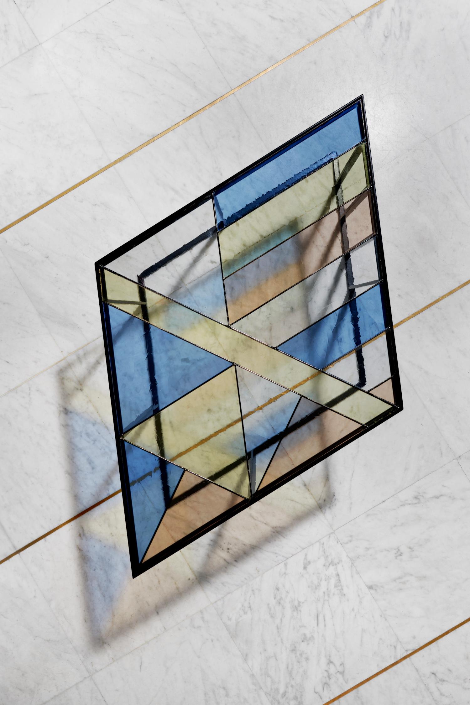 Serena Confalonieri's signed stained glass coffee table.
Santissimi.
Stained glass table
2020.
Dimensions: 45 x 70.5 x 41.5 cm.
Limited Edition: 8.
Signed and numbered.

A collection made by three trays built with iron and stained glass, the