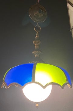 Stained Glass Dome Shaped Bronze Framed MCM Italian Chandelier or Pendant