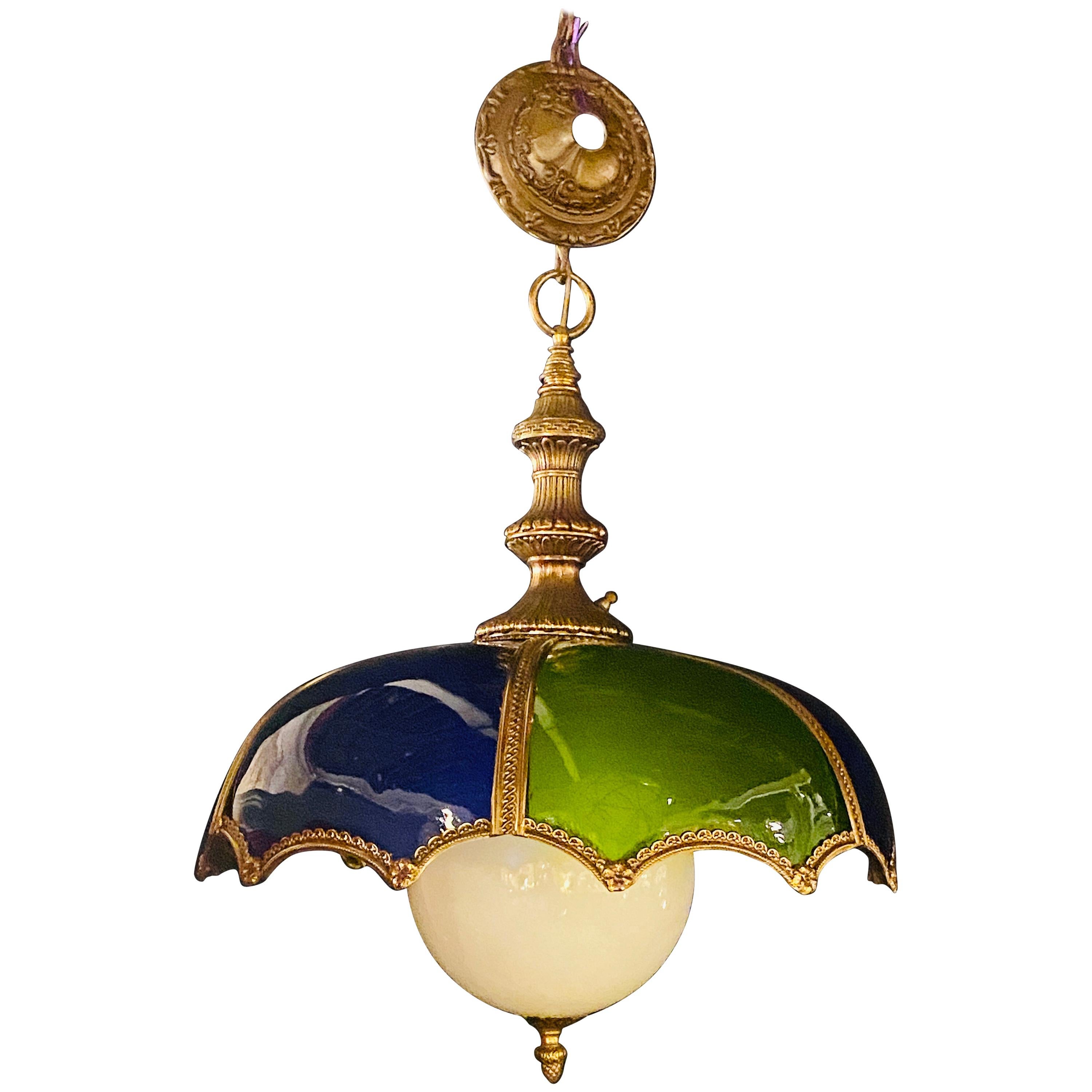 Stained Glass Dome Shaped Bronze Framed MCM Italian Chandelier or Pendant For Sale