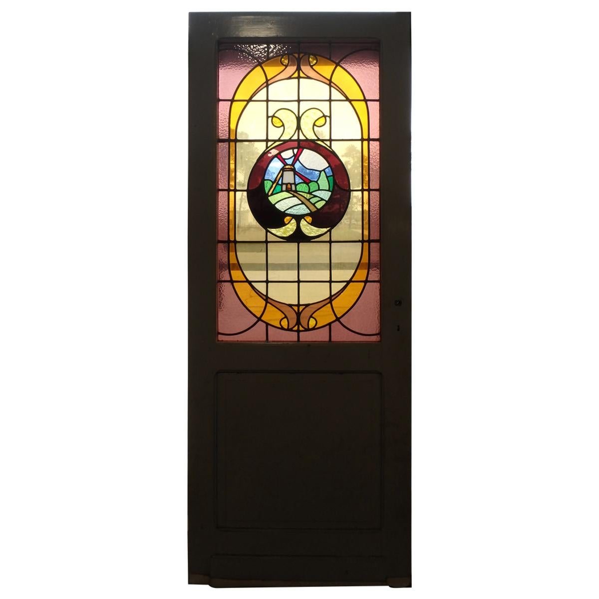 Stained Glass Door with Windmill from Holland For Sale