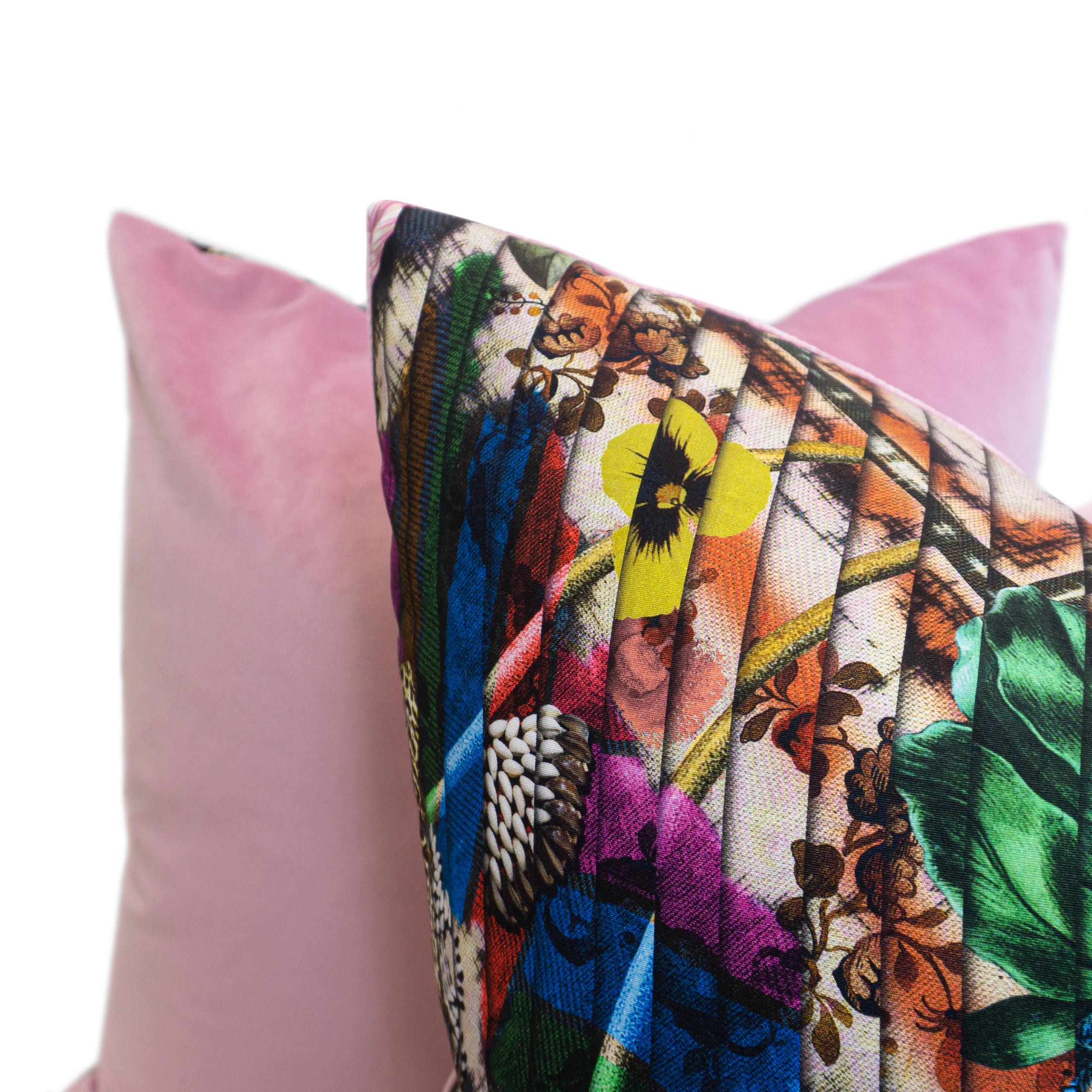 American Stained Glass Floral Printed Pillows with Pink Velvet Back For Sale