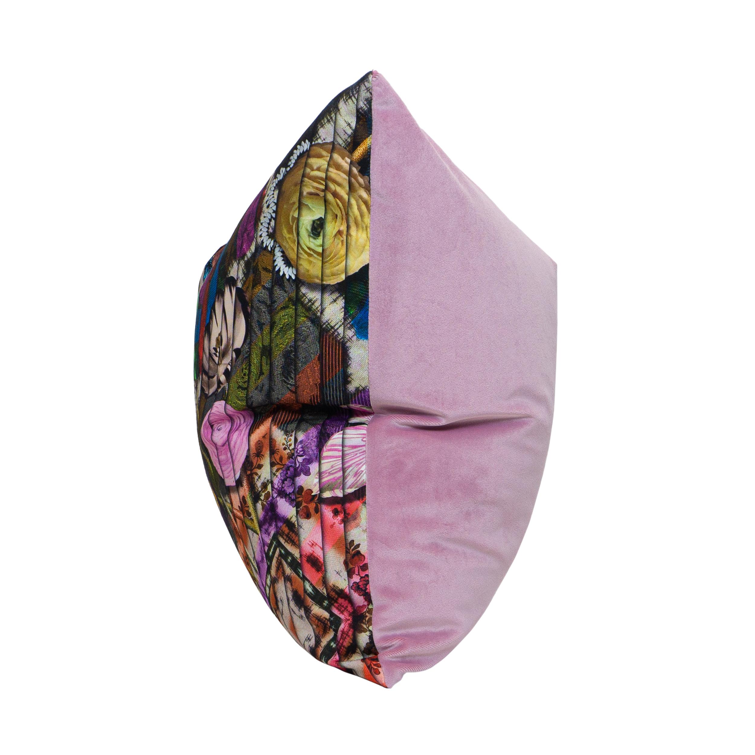 Stained Glass Floral Printed Pillows with Pink Velvet Back For Sale 1