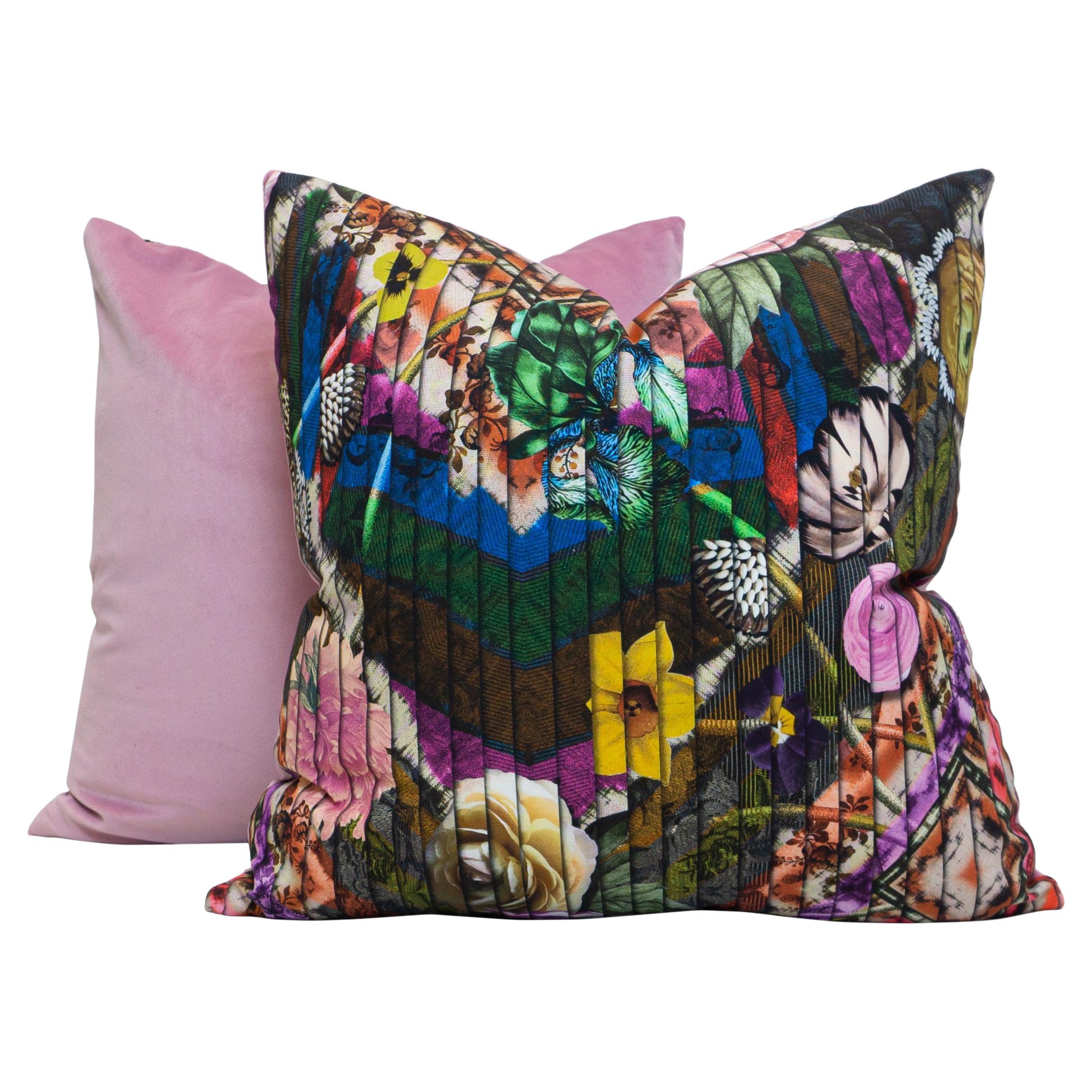 Stained Glass Floral Printed Pillows with Pink Velvet Back For Sale