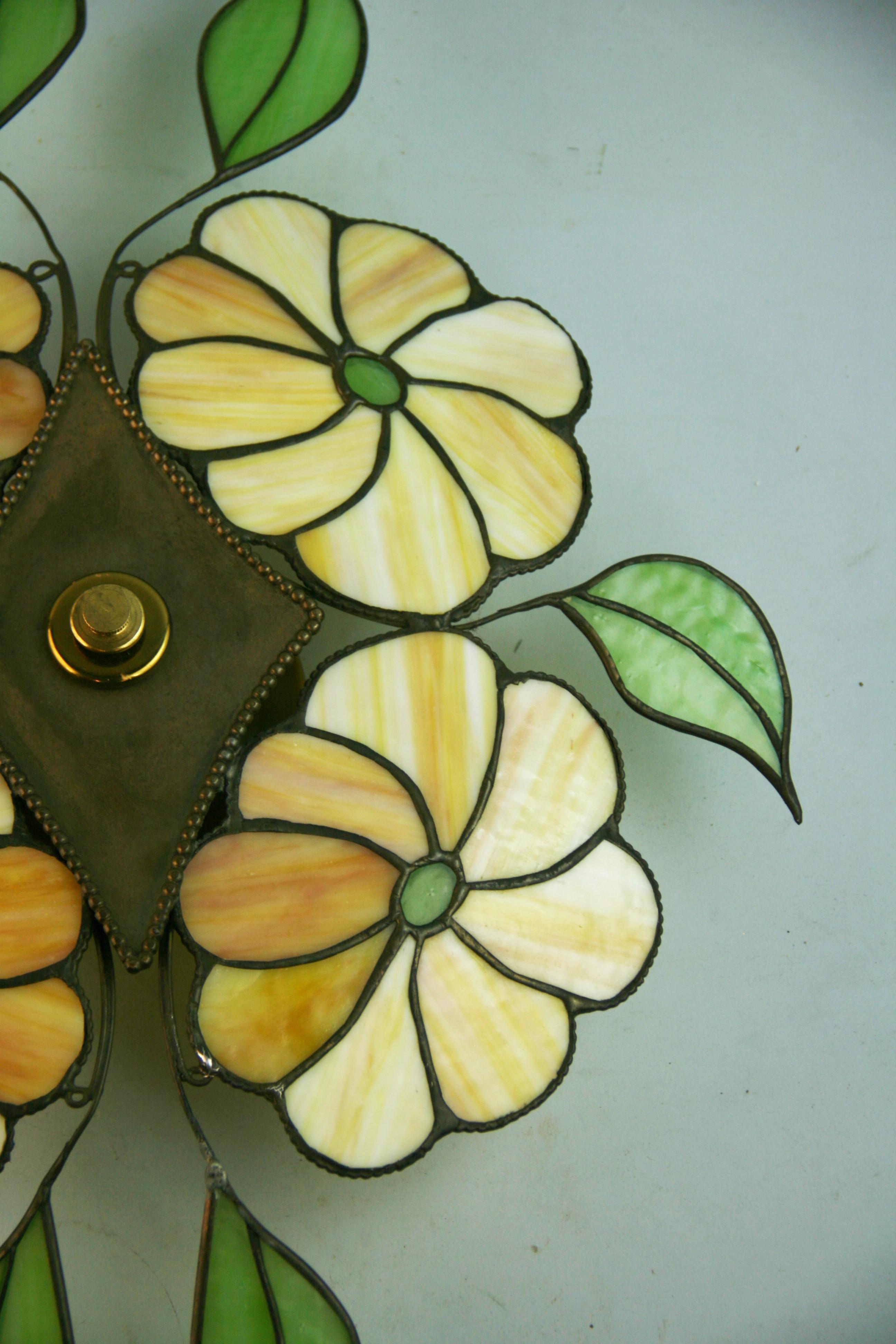Mid-20th Century Stained Glass Leaves and Flowers Ceiling Light/Wall sconce For Sale