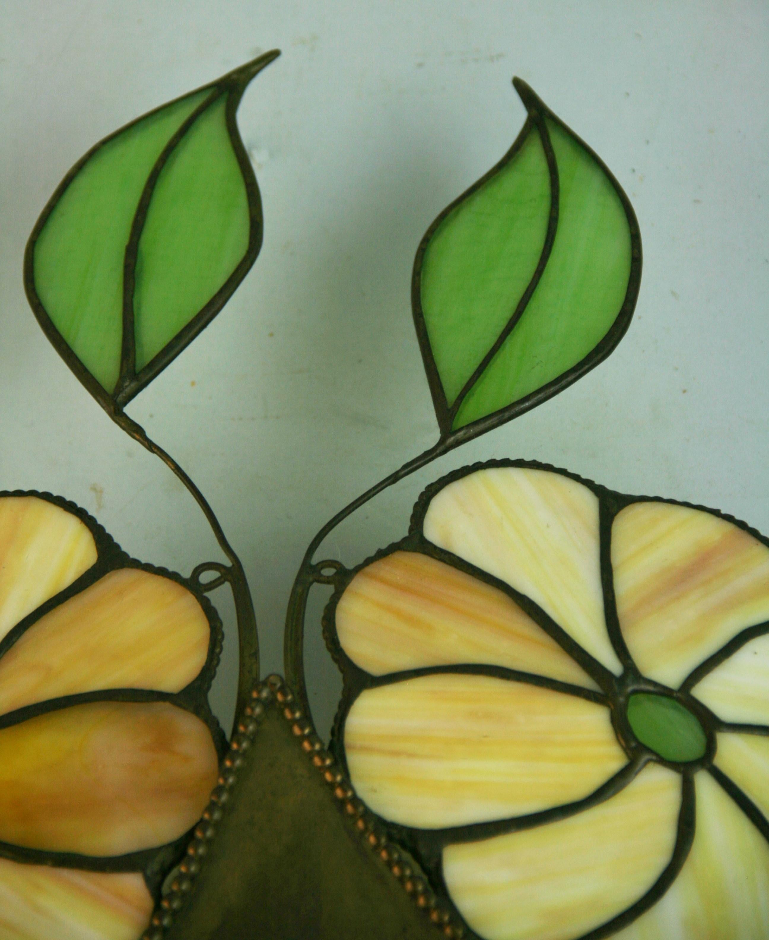 Brass Stained Glass Leaves and Flowers Ceiling Light/Wall sconce For Sale