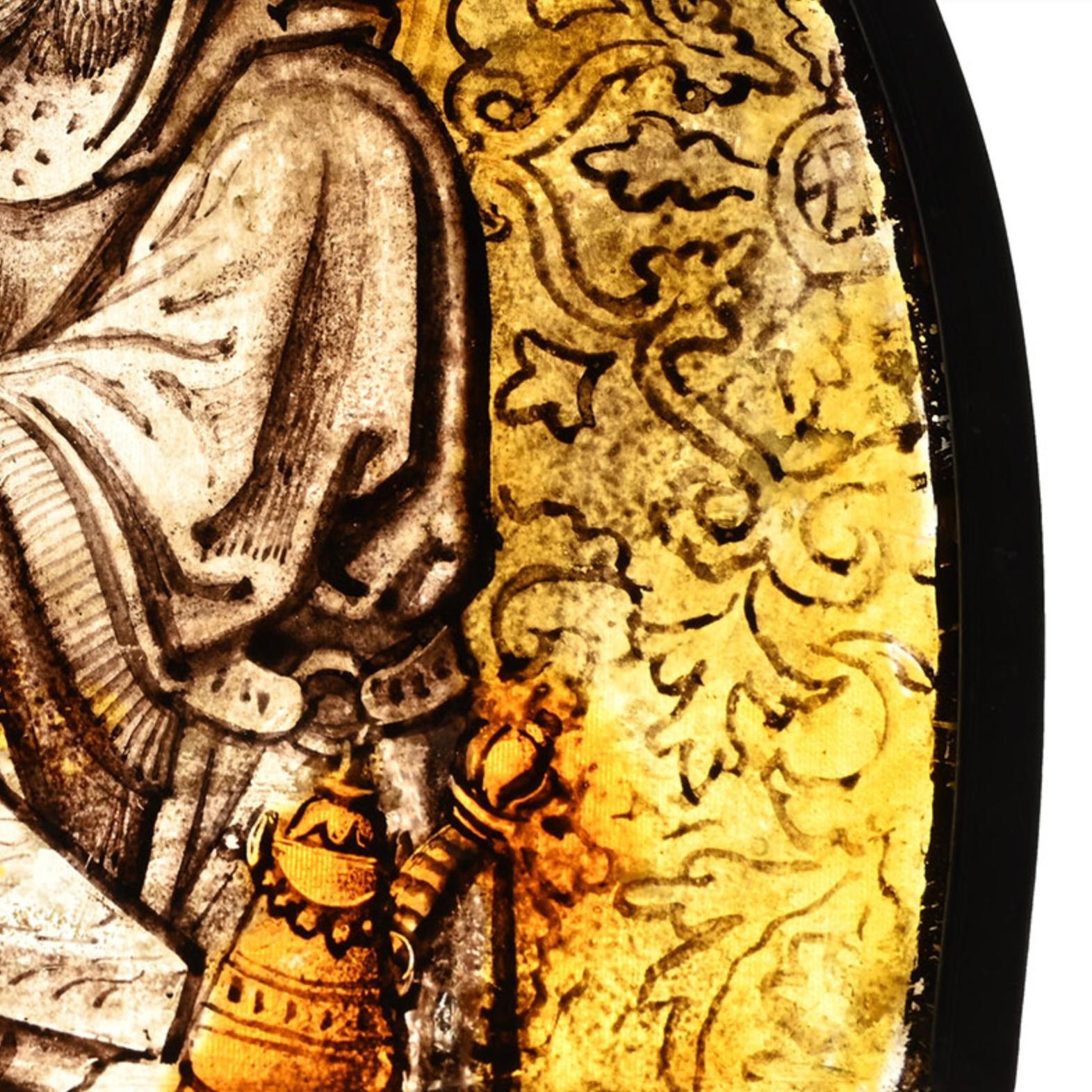 Stained Glass Panel Fragment Depicting the Presentation in the Temple.

Southern Low Countries, circa 1520 A.D.

Measurements: 12 × 8.5 cm (4 ¾ × 3 ⅜ in.)

Weight: 92 grams

A finely painted stained glass panel fragment illustrating the Presentation