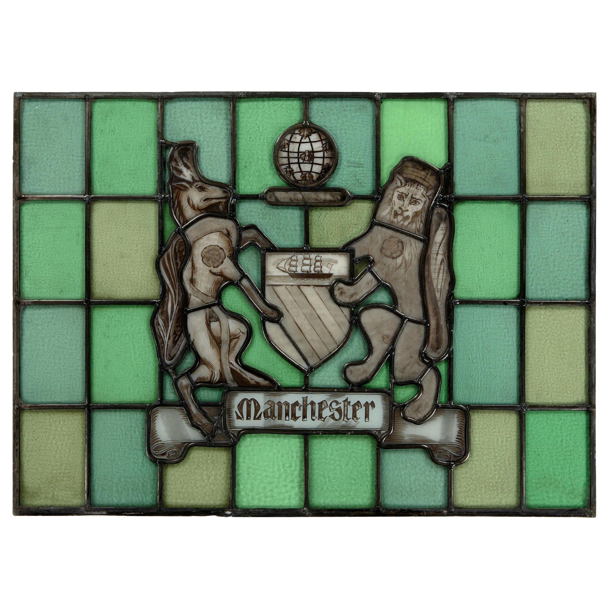 Stained, Glass Panel, English, Victorian, Coat of Arms, Manchester, Bee, 19