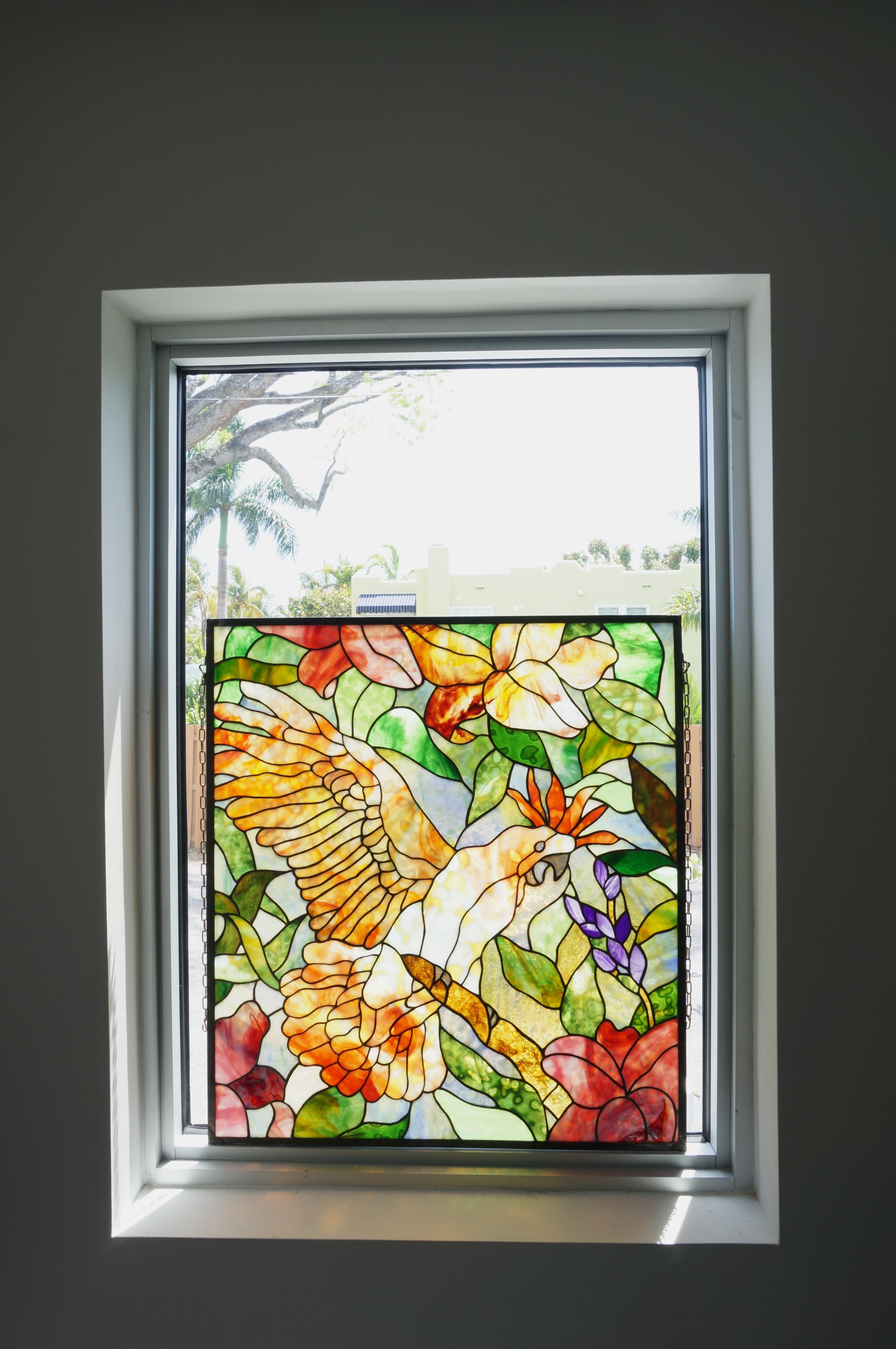 Romantic Stained Glass Panel with a Cockatoo For Sale