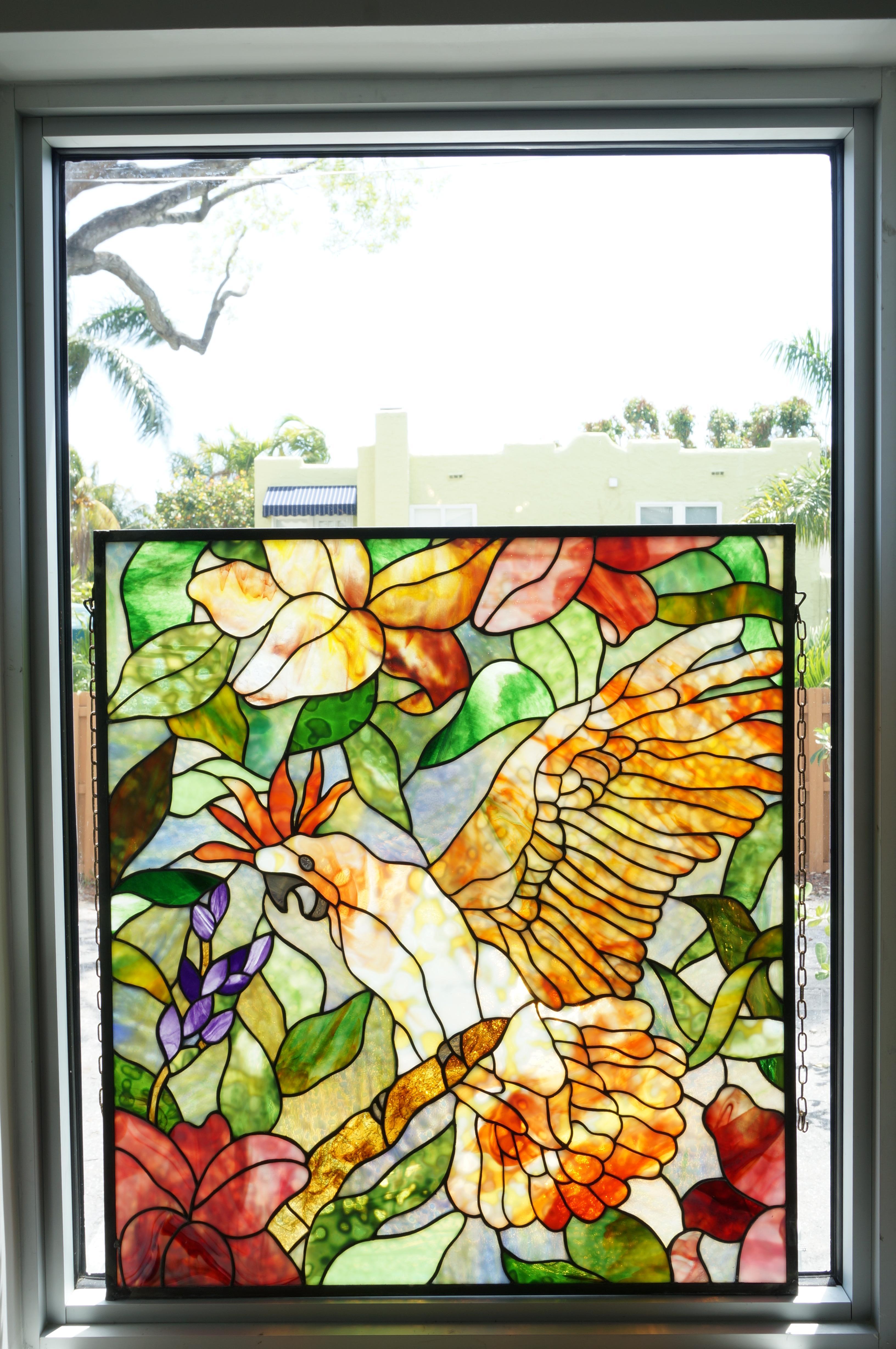 Hand-Crafted Stained Glass Panel with a Cockatoo For Sale