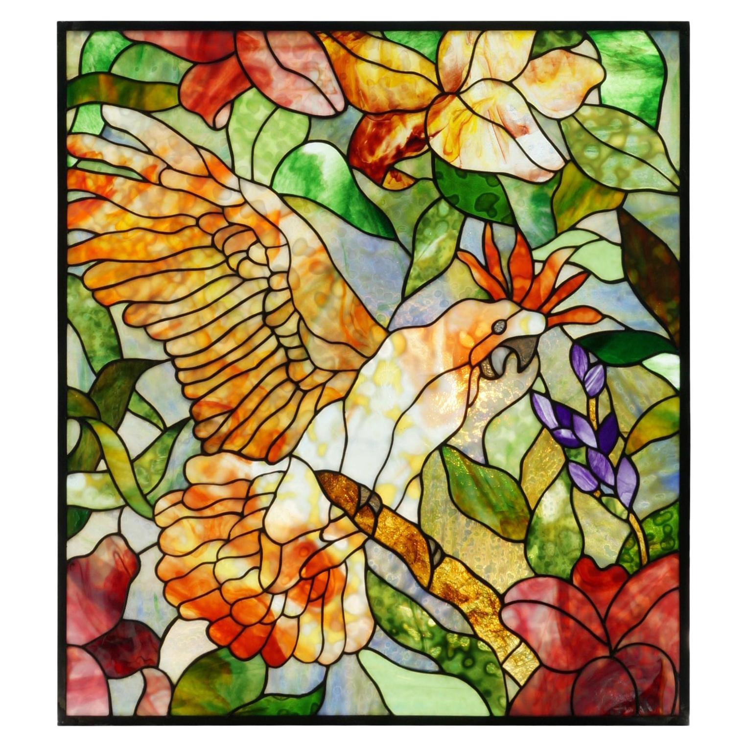 Stained Glass Panel with a Cockatoo For Sale