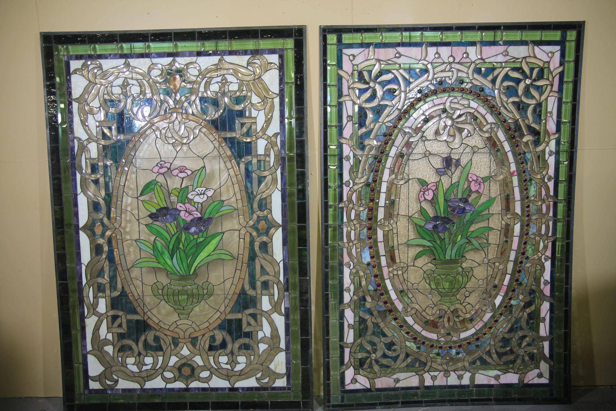 Pleased to offer these great stained glass panels by NJ artist Doug Hartman. These wonderful panels were designed about 30 years ago but were never installed by the client. Dougs work is amazing and sadly Doug passed away in 2014.  These oversized