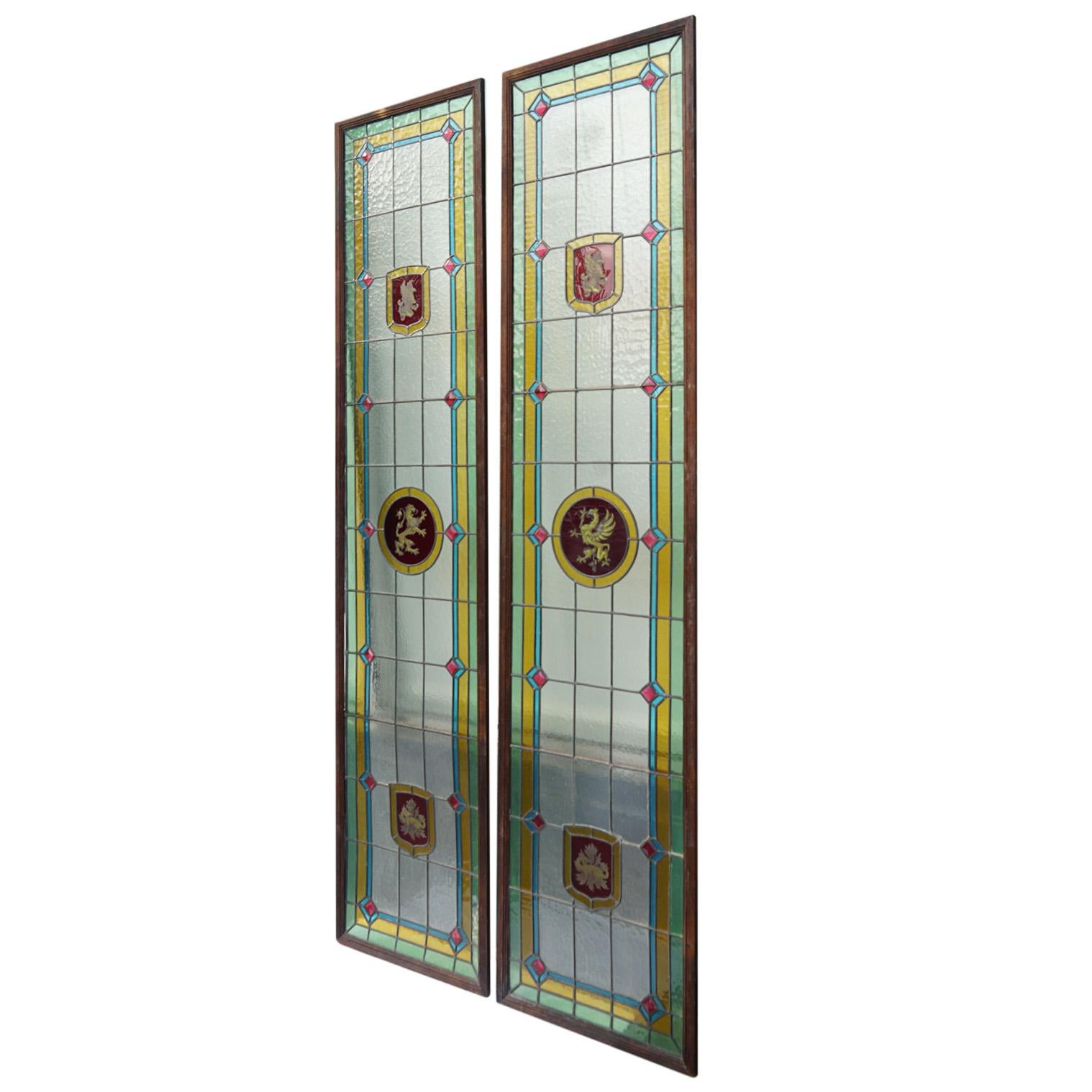 Medieval Stained Glass Panels, Pair For Sale