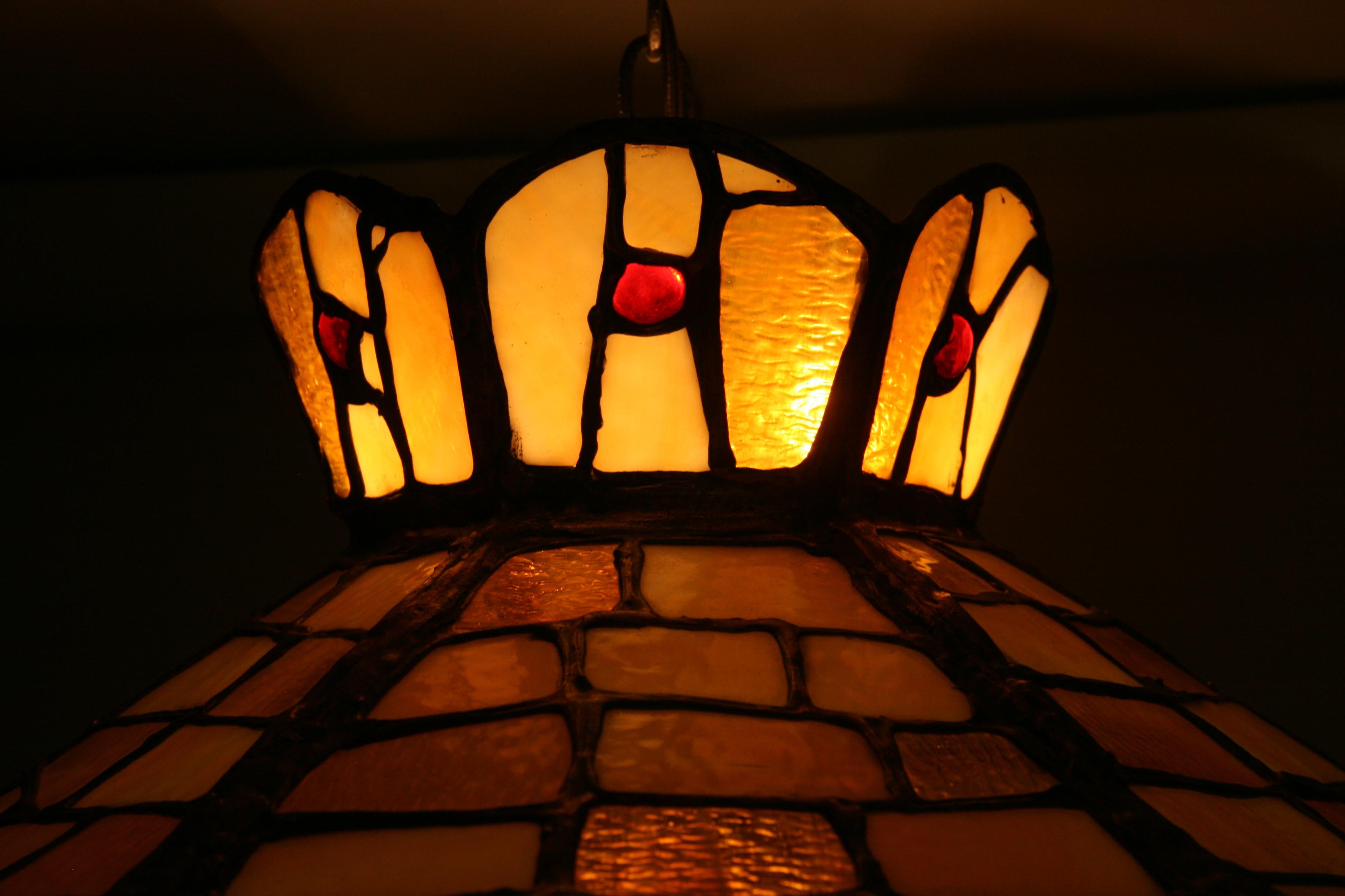 Mid-20th Century Stained Glass Pendant Chandelier For Sale