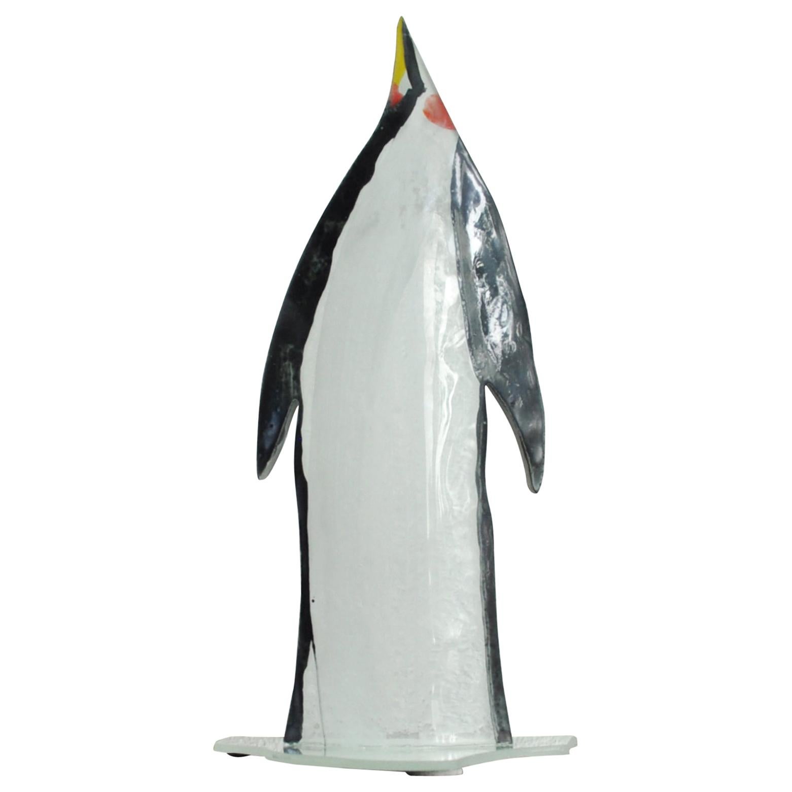 Stained Glass Pinguin Sculpture Mounted on Mirror Base For Sale