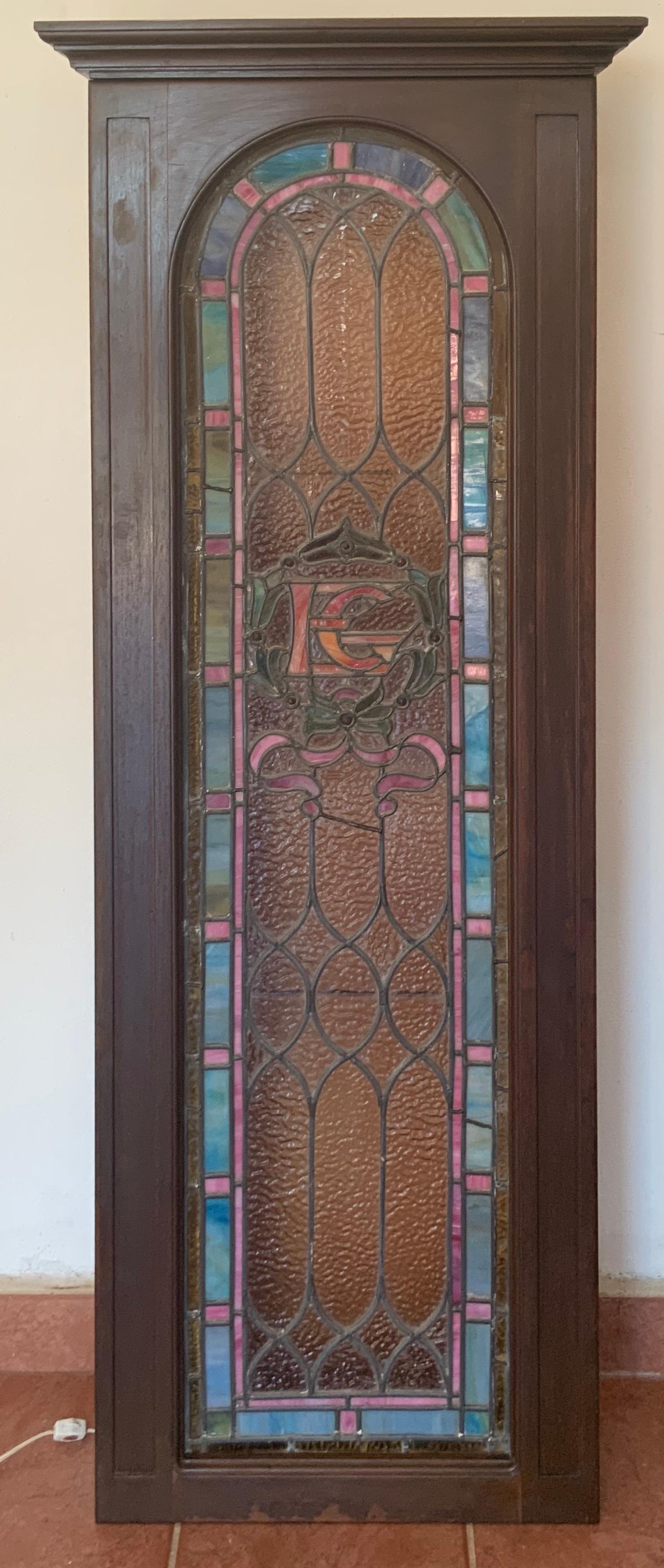 Stained Glass Rectangular Wood Framed Window For Sale 3