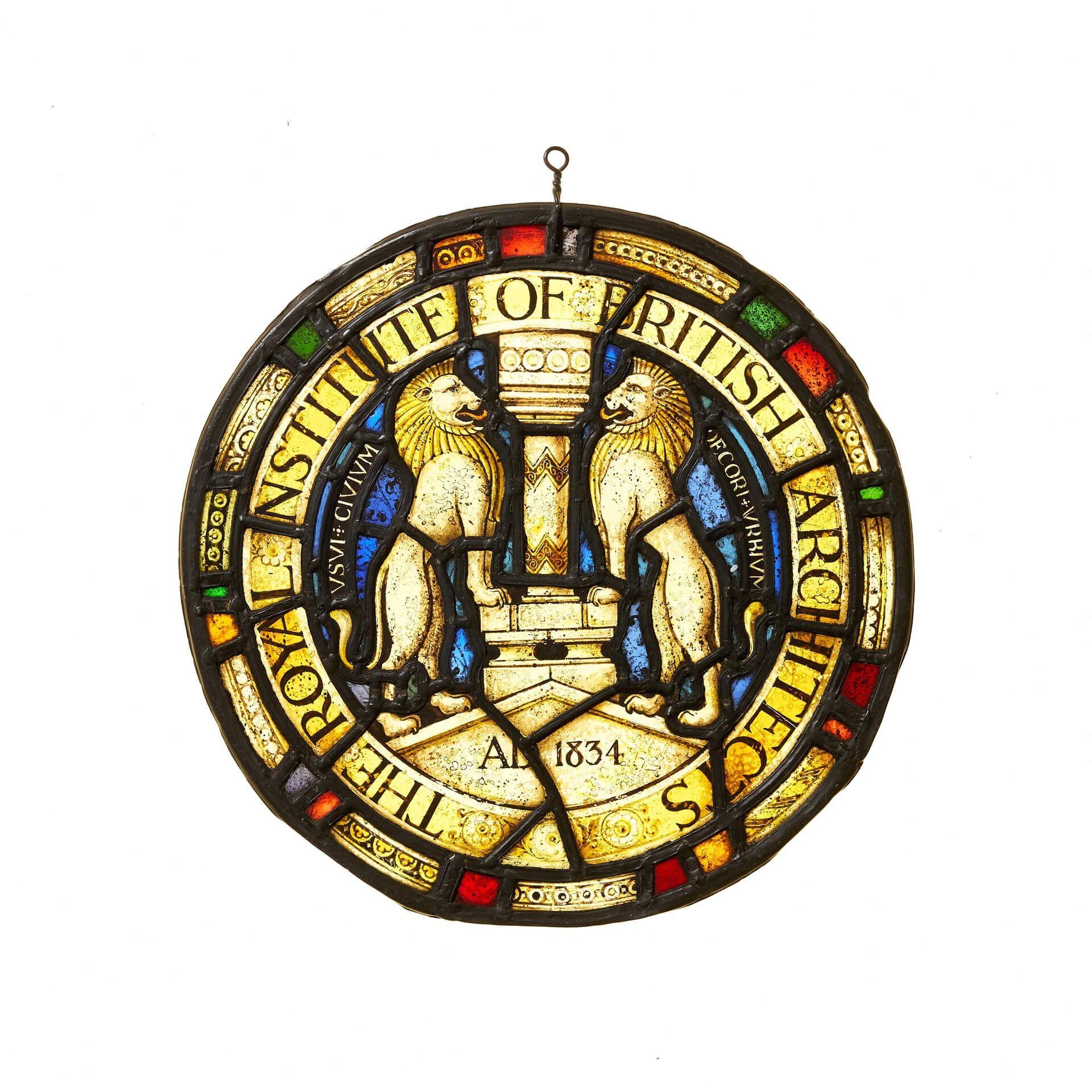 English Stained Glass Roundel of the Royal Institute of British Architects For Sale