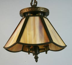 1960s Stained Glass Pendant Light, Brass Frame, Three Bulb Design