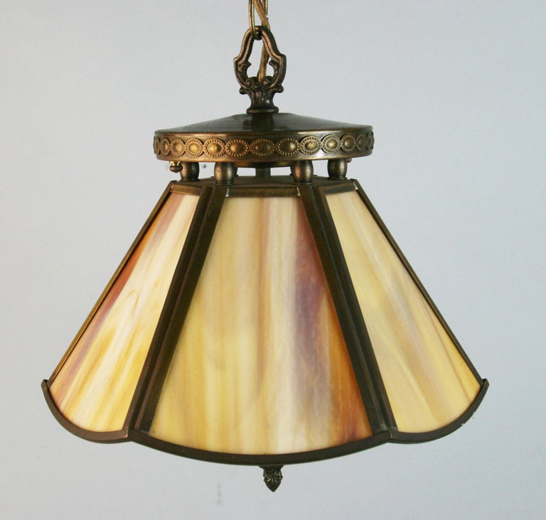 Stained Glass Three Light Brass Pendant 1960's In Good Condition For Sale In Douglas Manor, NY