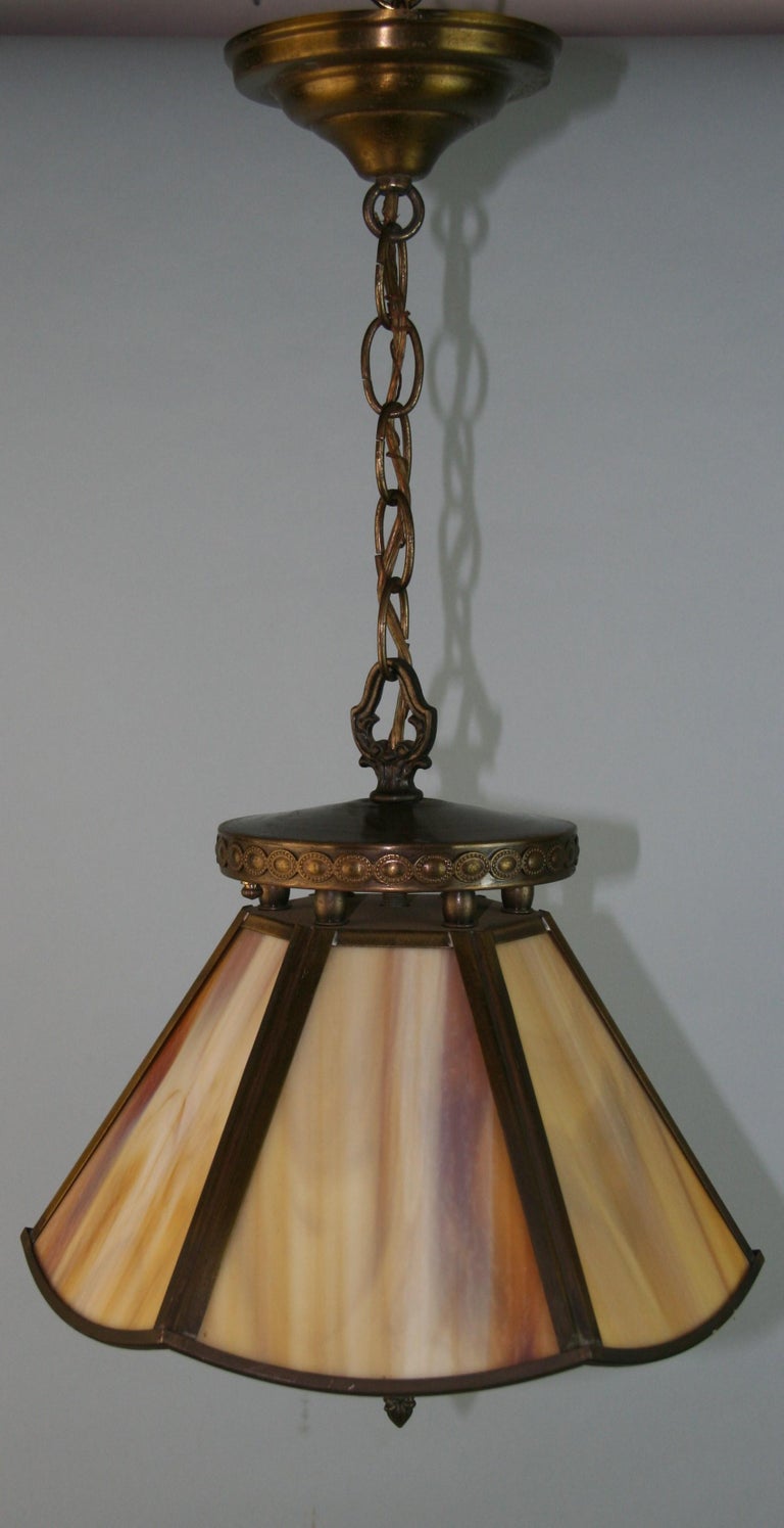 Mid-20th Century Stained Glass Three Light Brass Pendant 1960's For Sale