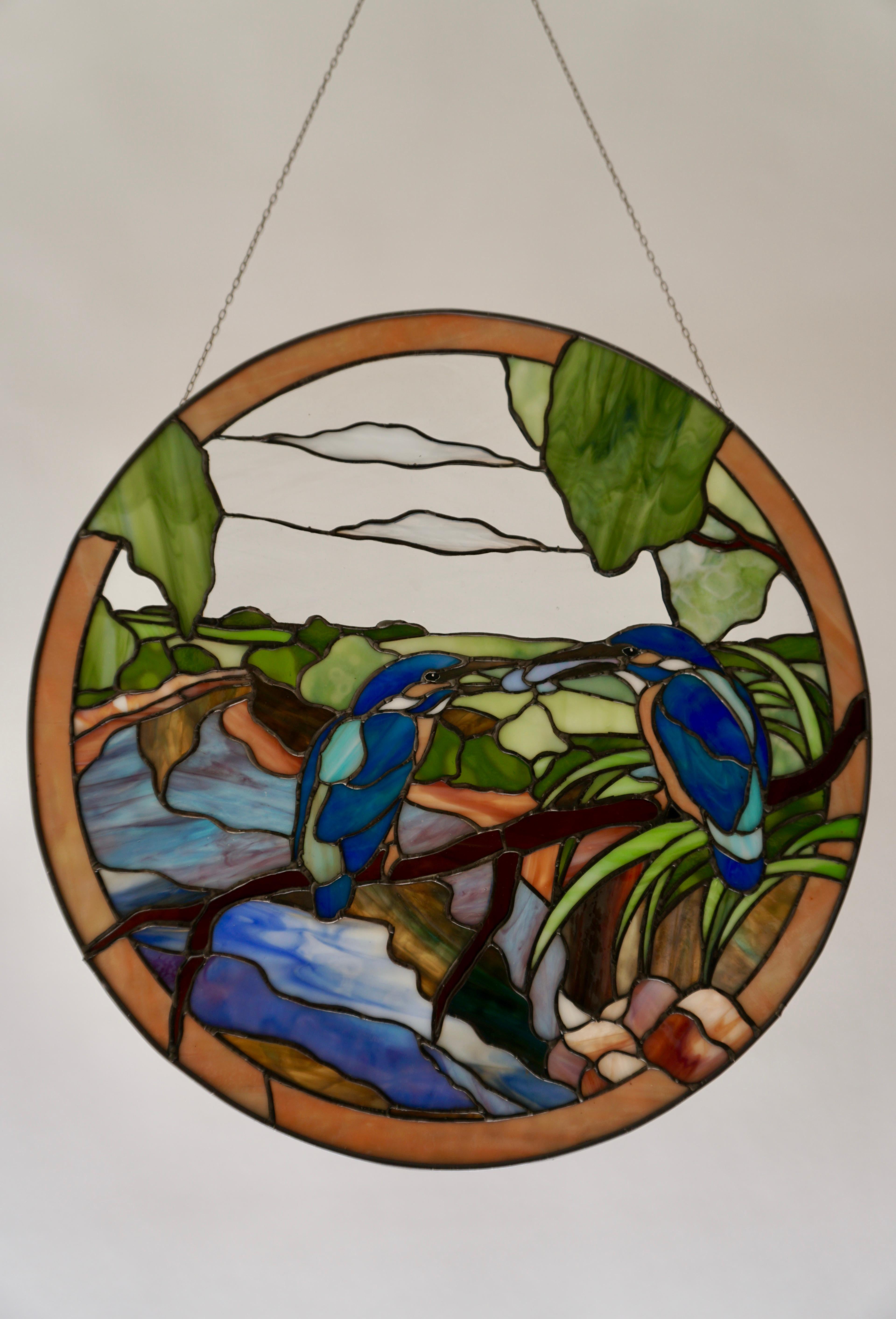 Italian Stained Glass Wall Panel with Two Birds For Sale
