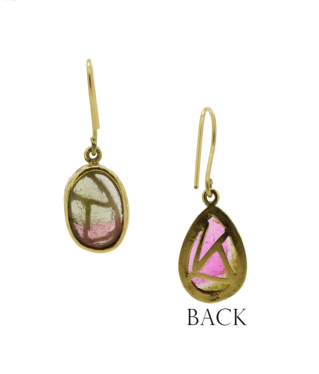 Watermelon Tourmaline in a Stained Glass style with 18K gold.  I've put a back on these to make them look like little pieces of stain glass.  It also serves as my logo, LK. One is an oval and the other a teardrop -- a simple asymmetric pair.

These