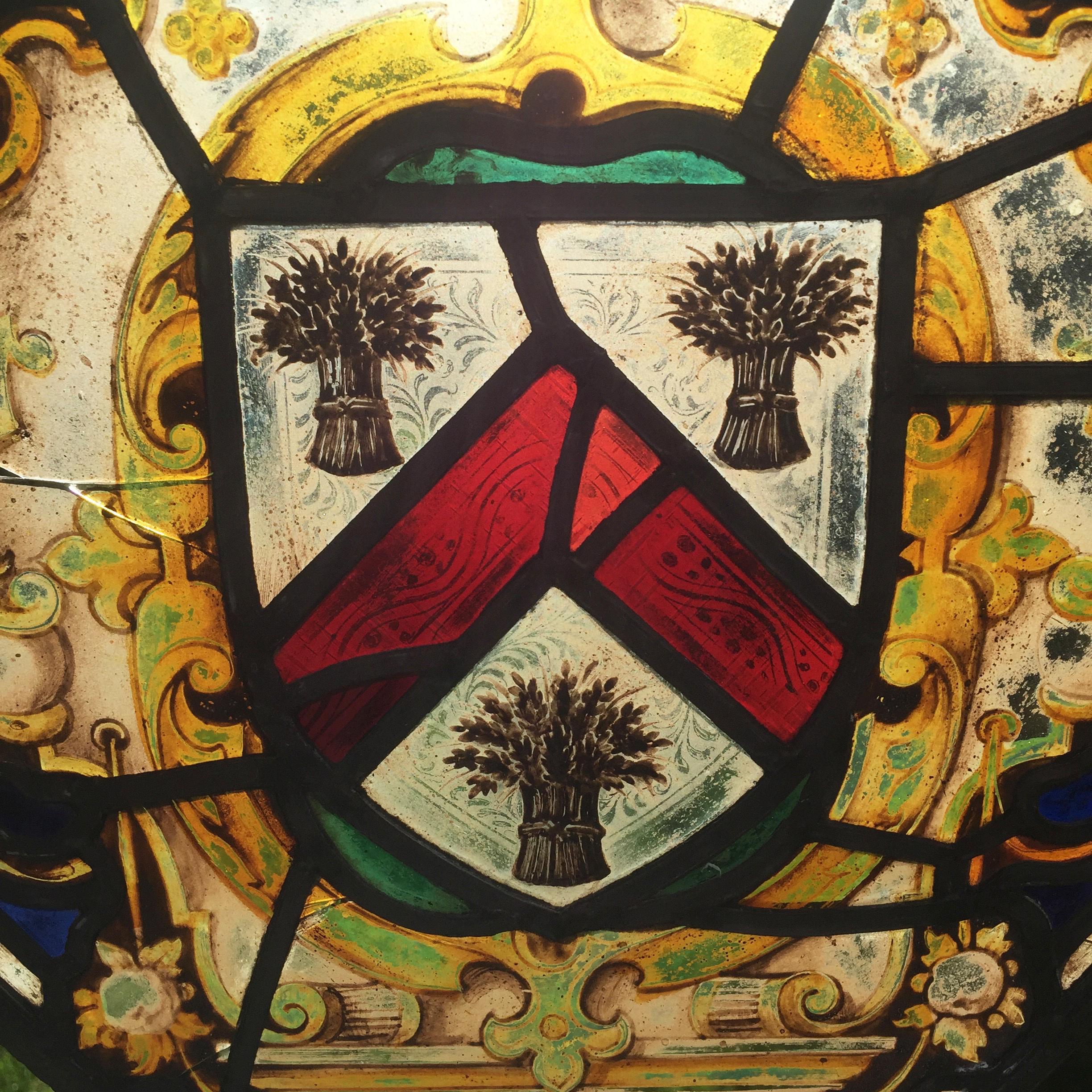 Georgian Stained Glass Window Element with Hand-Painted Designs and Lead Framing