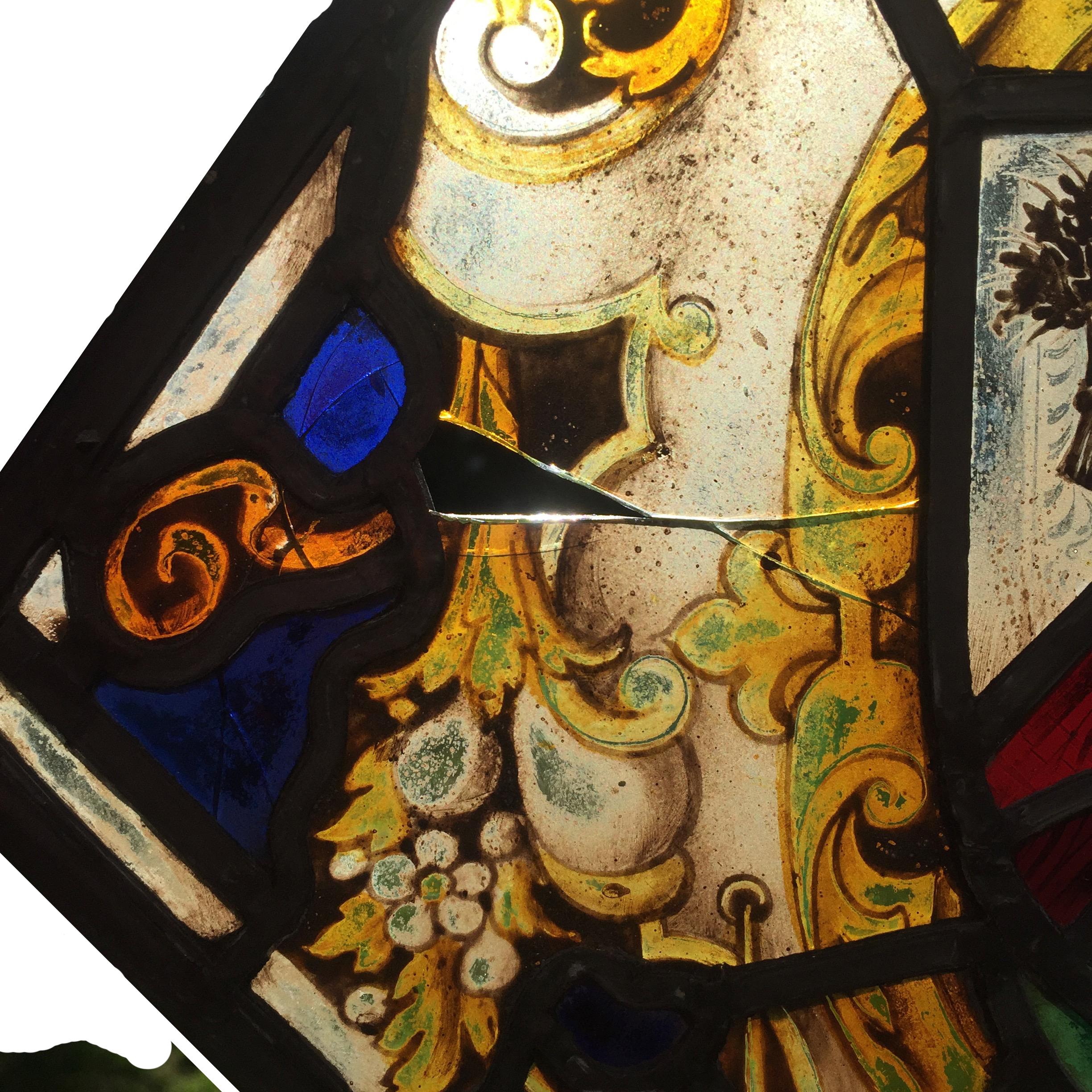 English Stained Glass Window Element with Hand-Painted Designs and Lead Framing