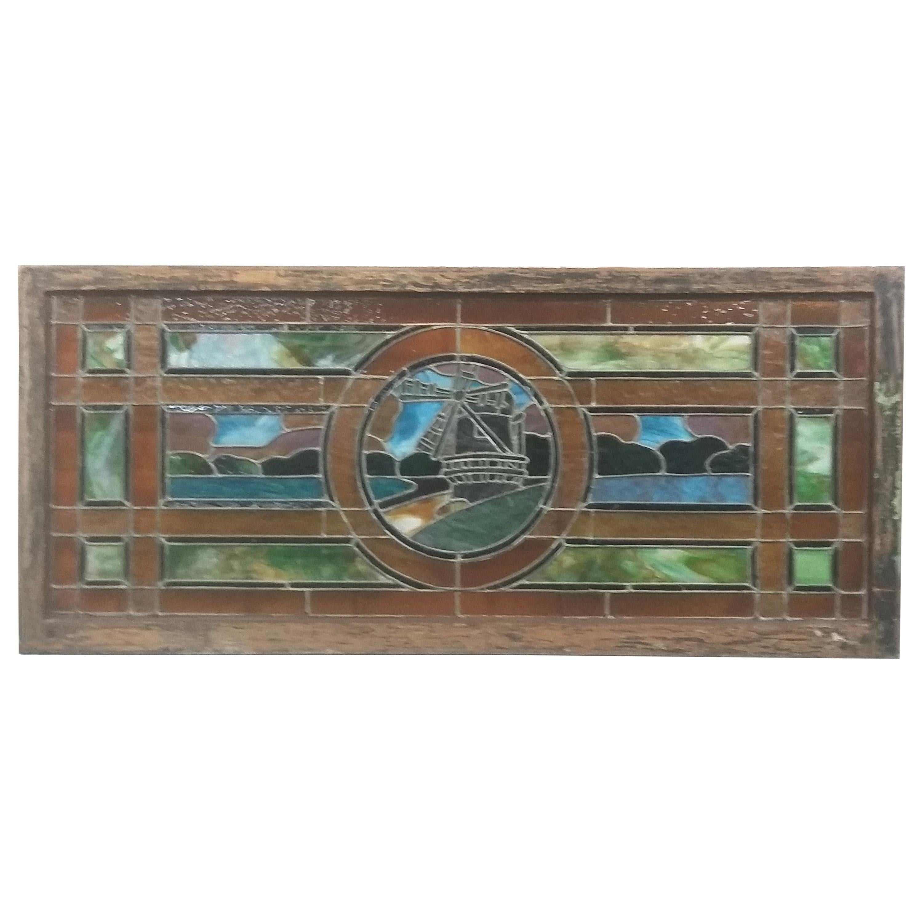 Vintage Windmill Motif Stained Glass Window Pastoral Sea & Sky Stain Glass Panel