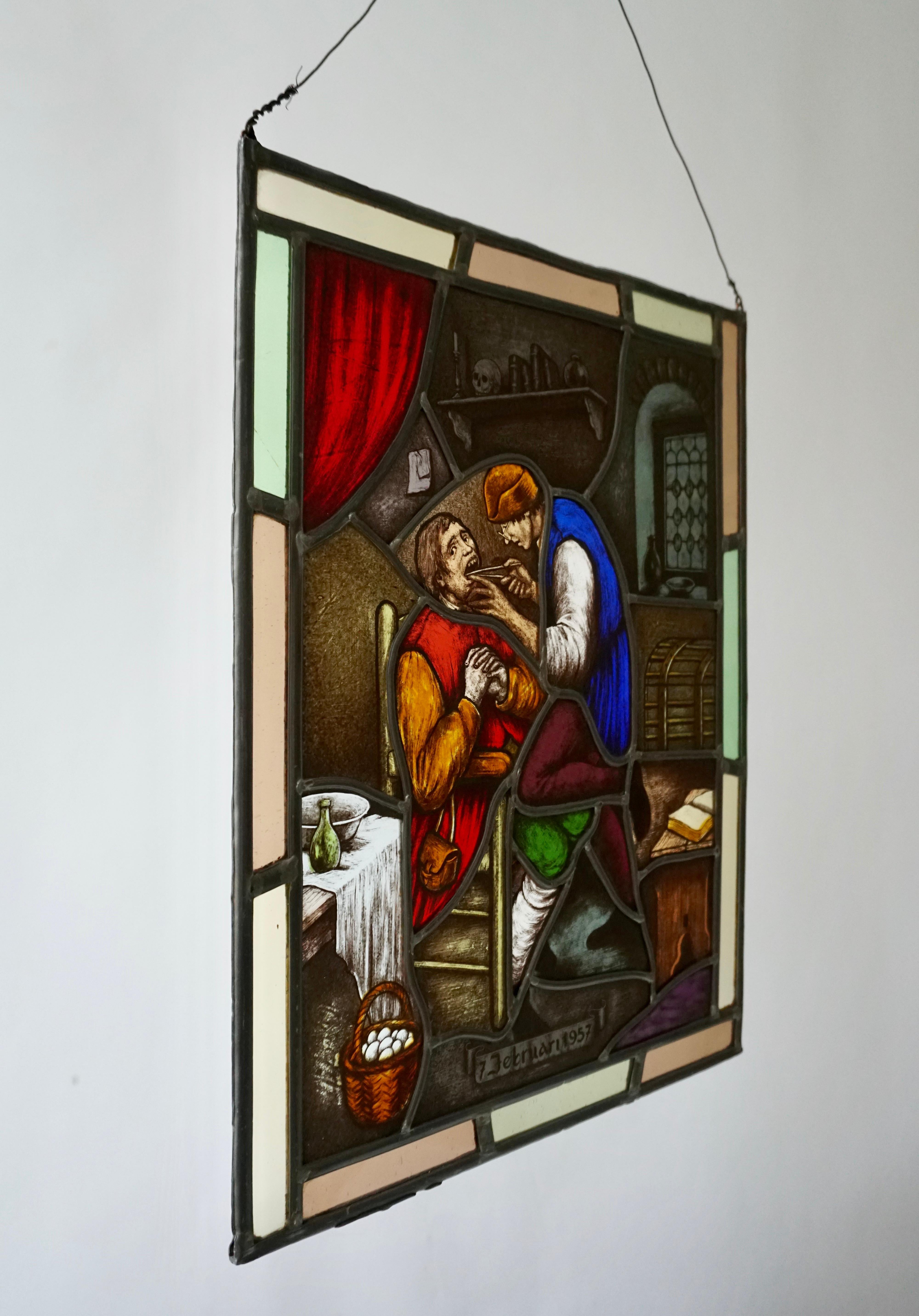A rare beautiful stained glass window with a dentist treating a frightened patient.

 