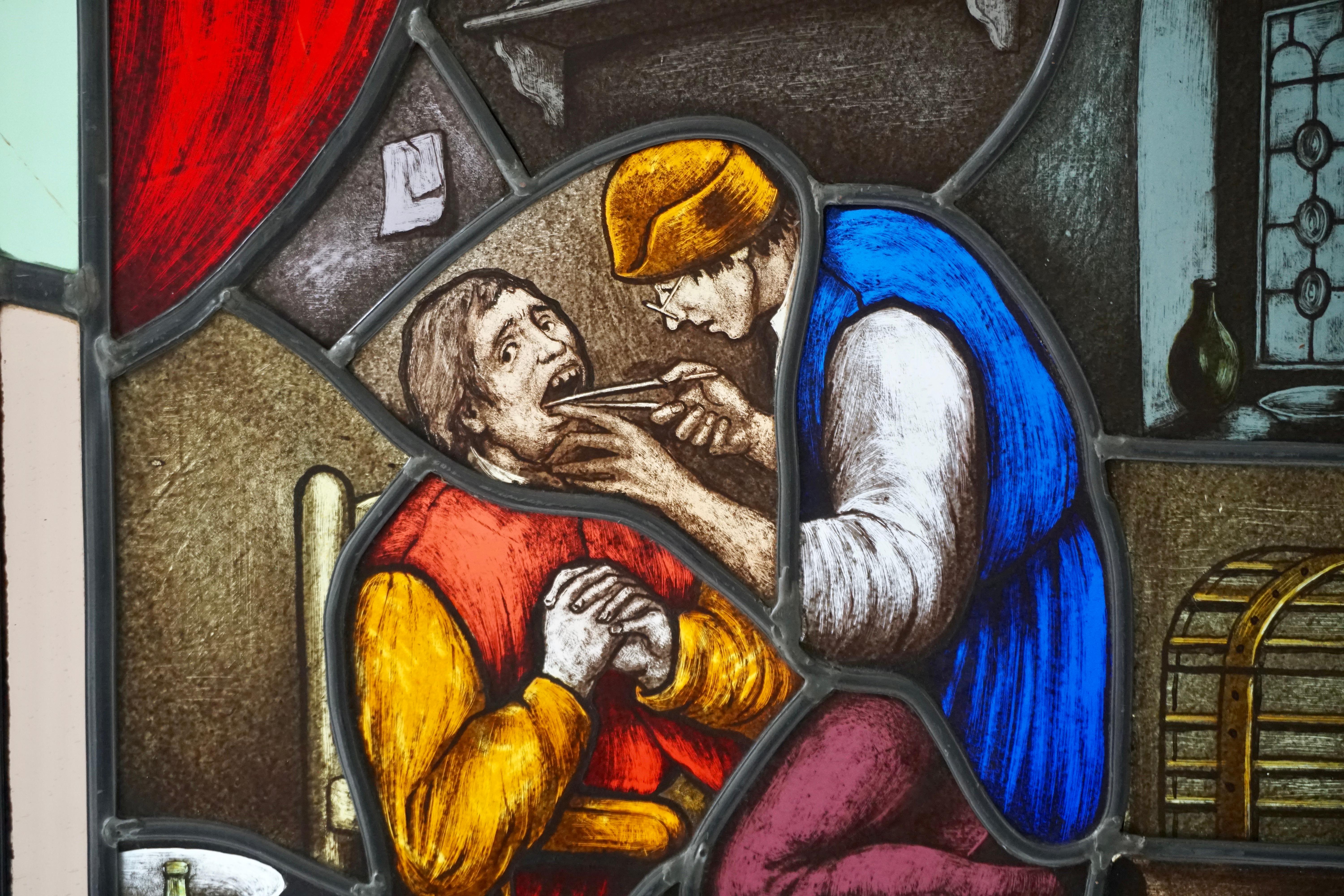 Hollywood Regency Stained Glass Window Panel with Dentist Treatment