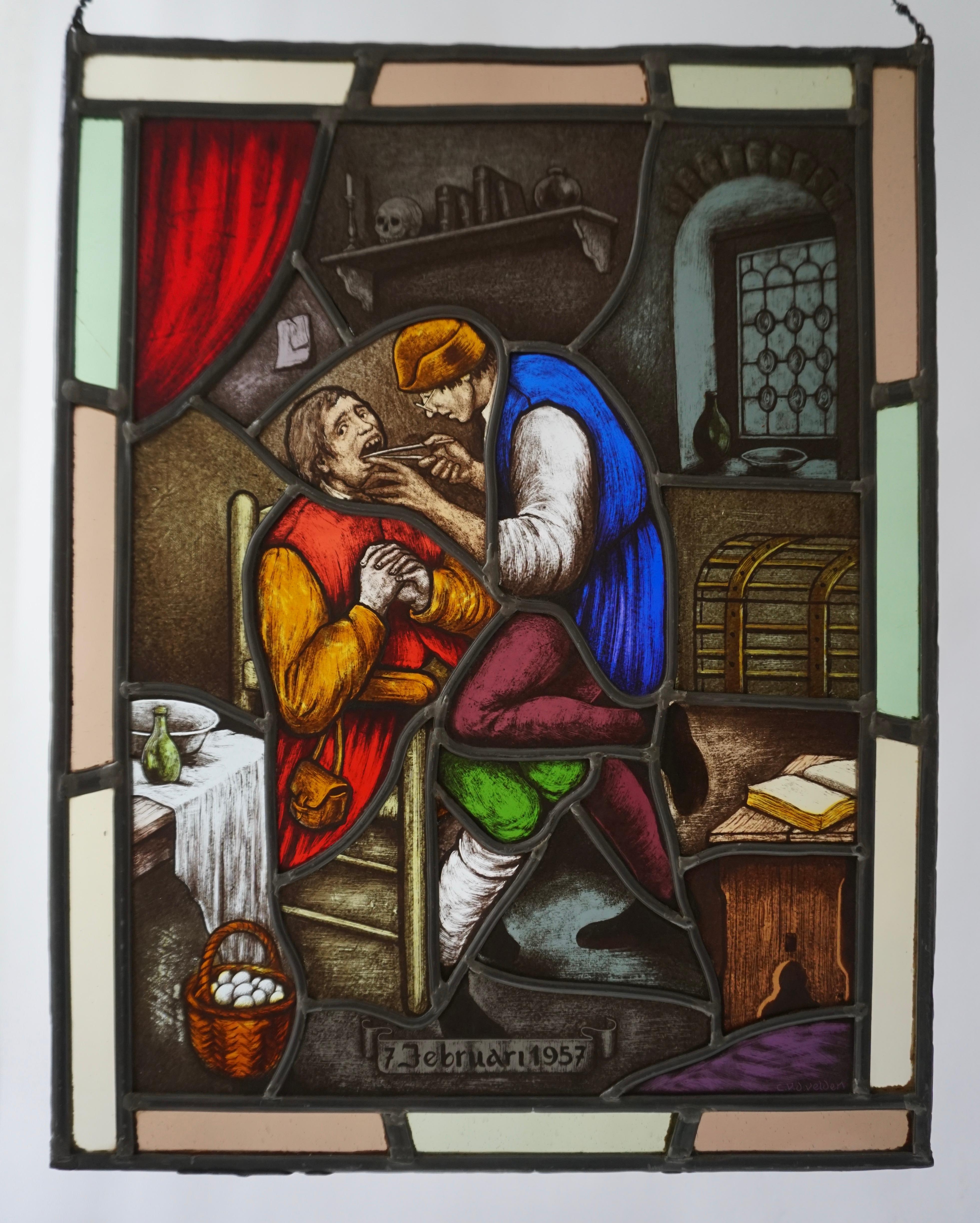 Hand-Painted Stained Glass Window Panel with Dentist Treatment