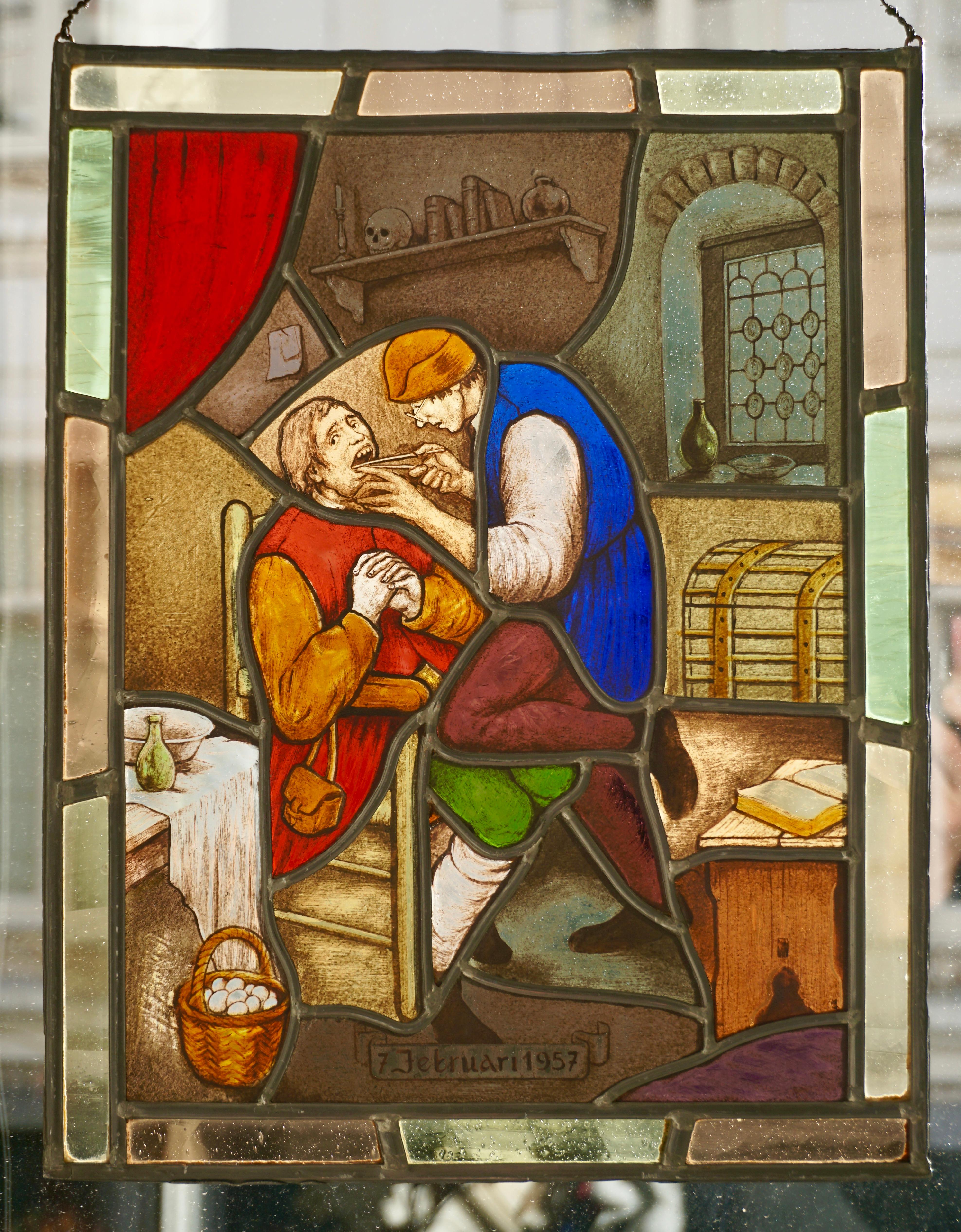 Stained Glass Window Panel with Dentist Treatment In Good Condition In Antwerp, BE