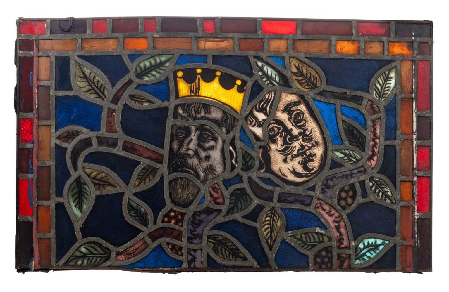 Pair of Stained Glass Window Panels, 19th century, depicting crowned king and heraldic crests. Each approx: 17