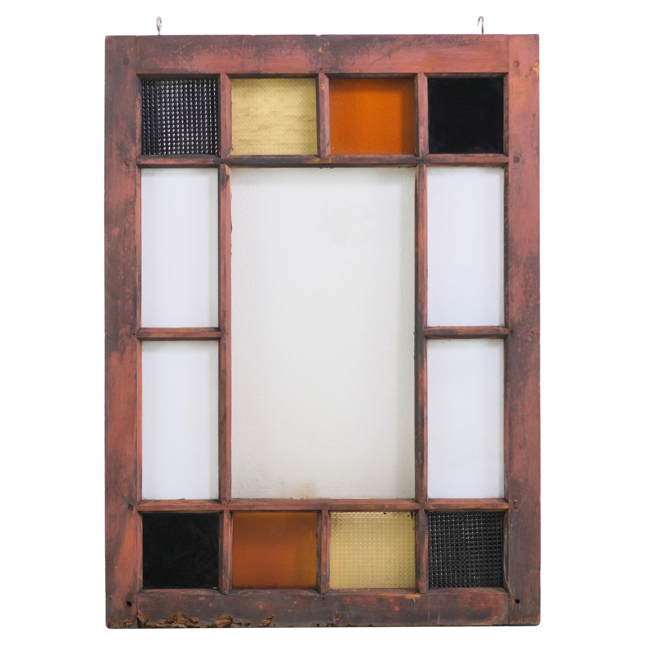 Stained Glass Window -Yellow/Orange/Black Textured Squares W/ Clear Glass Panes