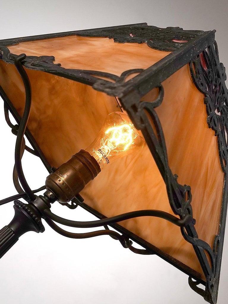 American Stained Glass with Filigree Overlay Arts and Crafts Table lamp For Sale
