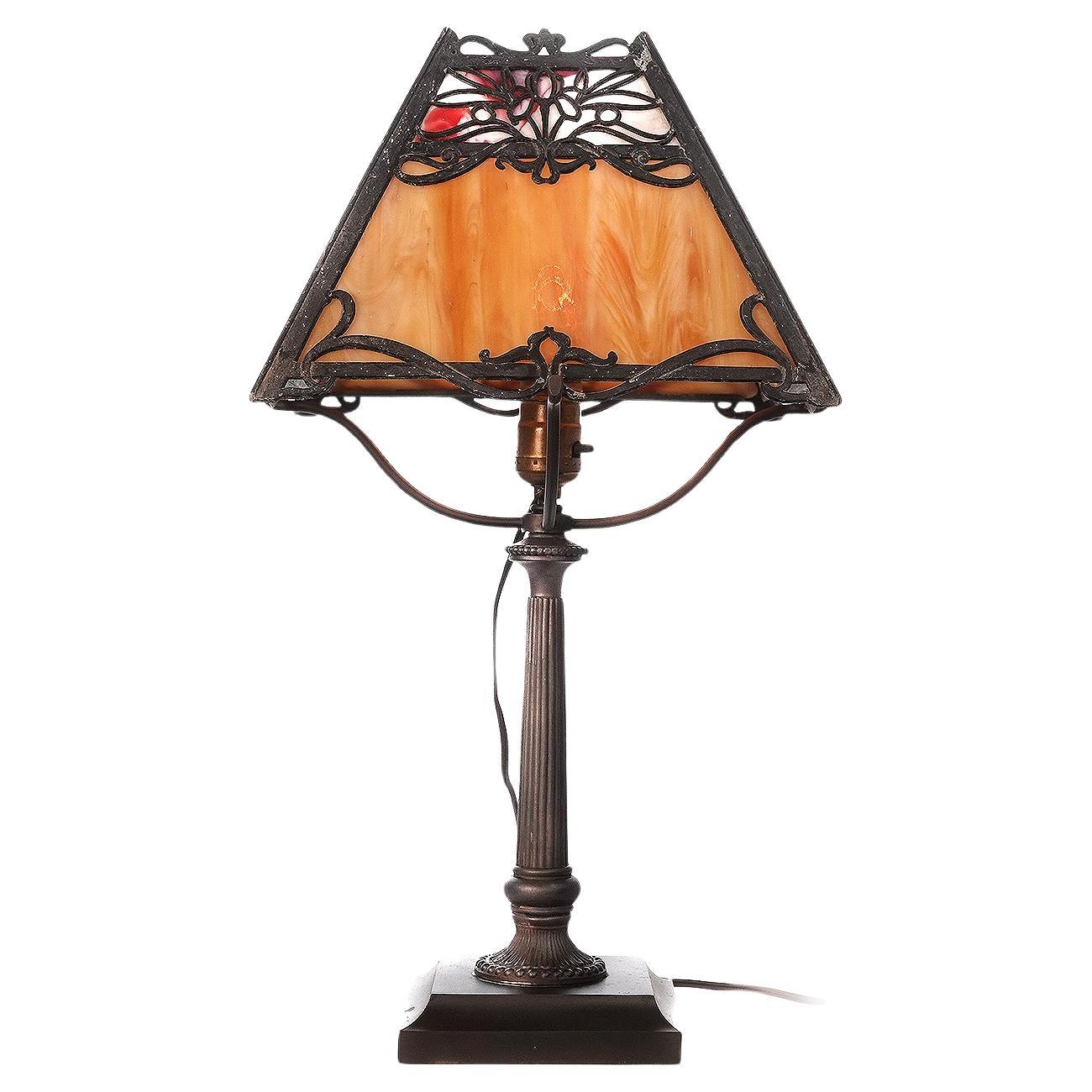 Stained Glass with Filigree Overlay Arts and Crafts Table lamp For Sale