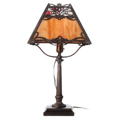 Used Stained Glass with Filigree Overlay Arts and Crafts Table lamp