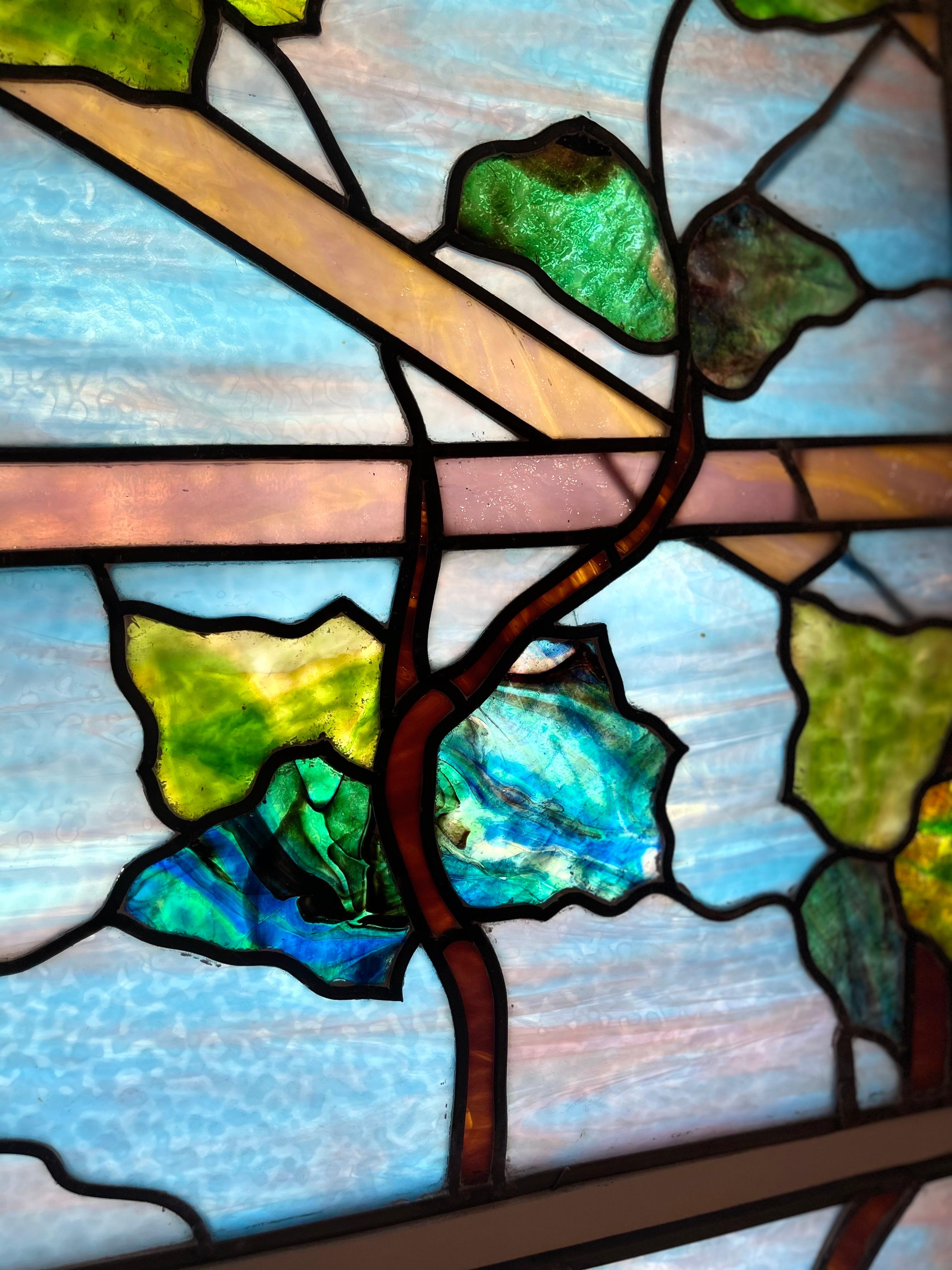 Tiffany Type Stained Glass Window, Woman in Grape Arbor Possibly Early Tiffany For Sale 8