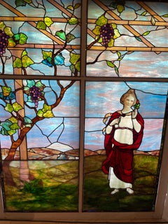 Tiffany Type Stained Glass Window, Woman in Grape Arbor Possibly Early Tiffany
